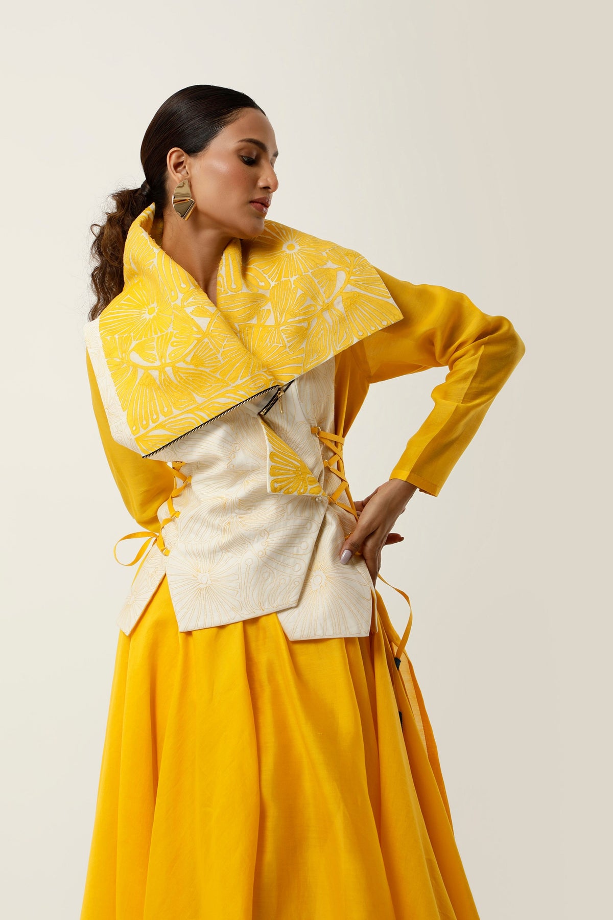 Yellow Drapped Collar Jacket Set