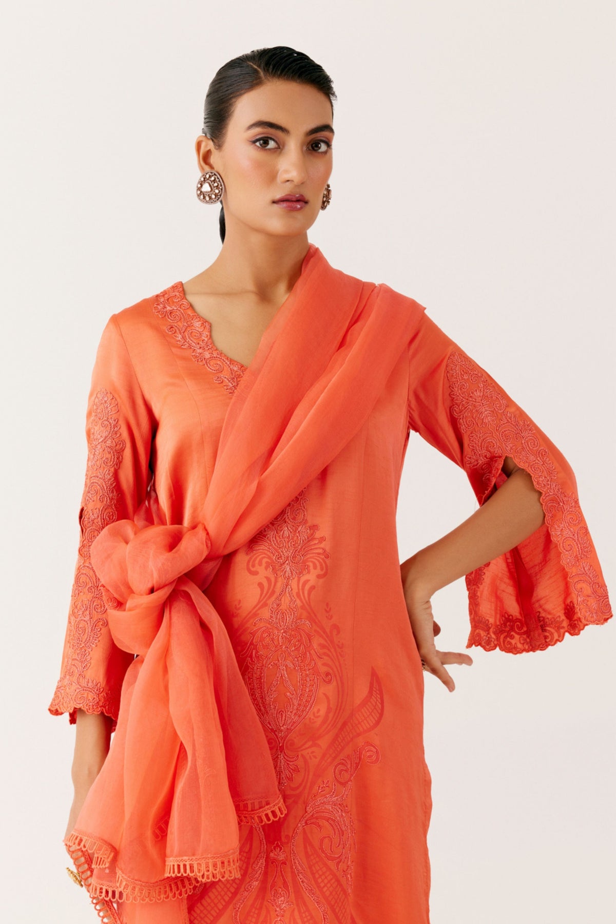 Orange Dori Embroidered Kurta Set