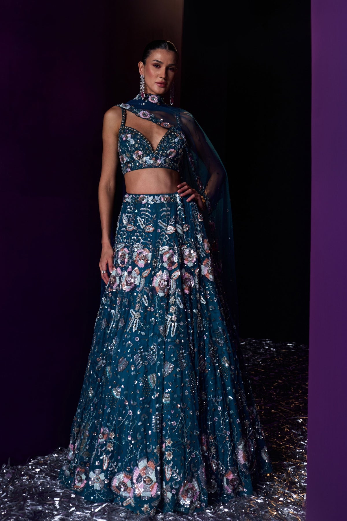 Peacock Blue Sequins Lehenga Set