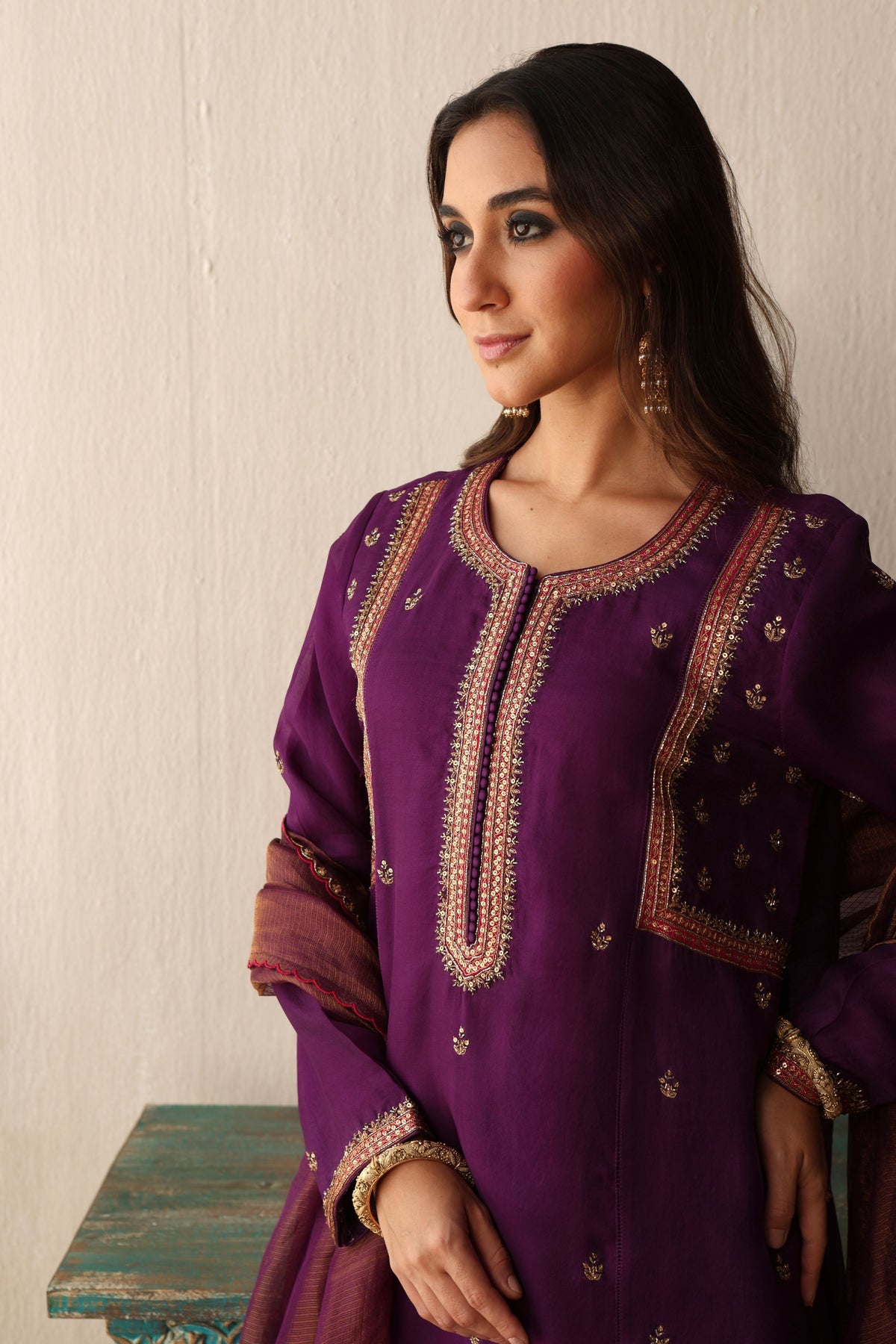 Purple Hand Embroidered Kurta Set