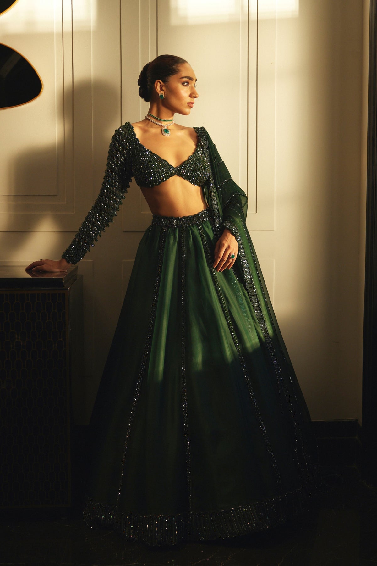 Dark Jade Green Organza Lehenga Set