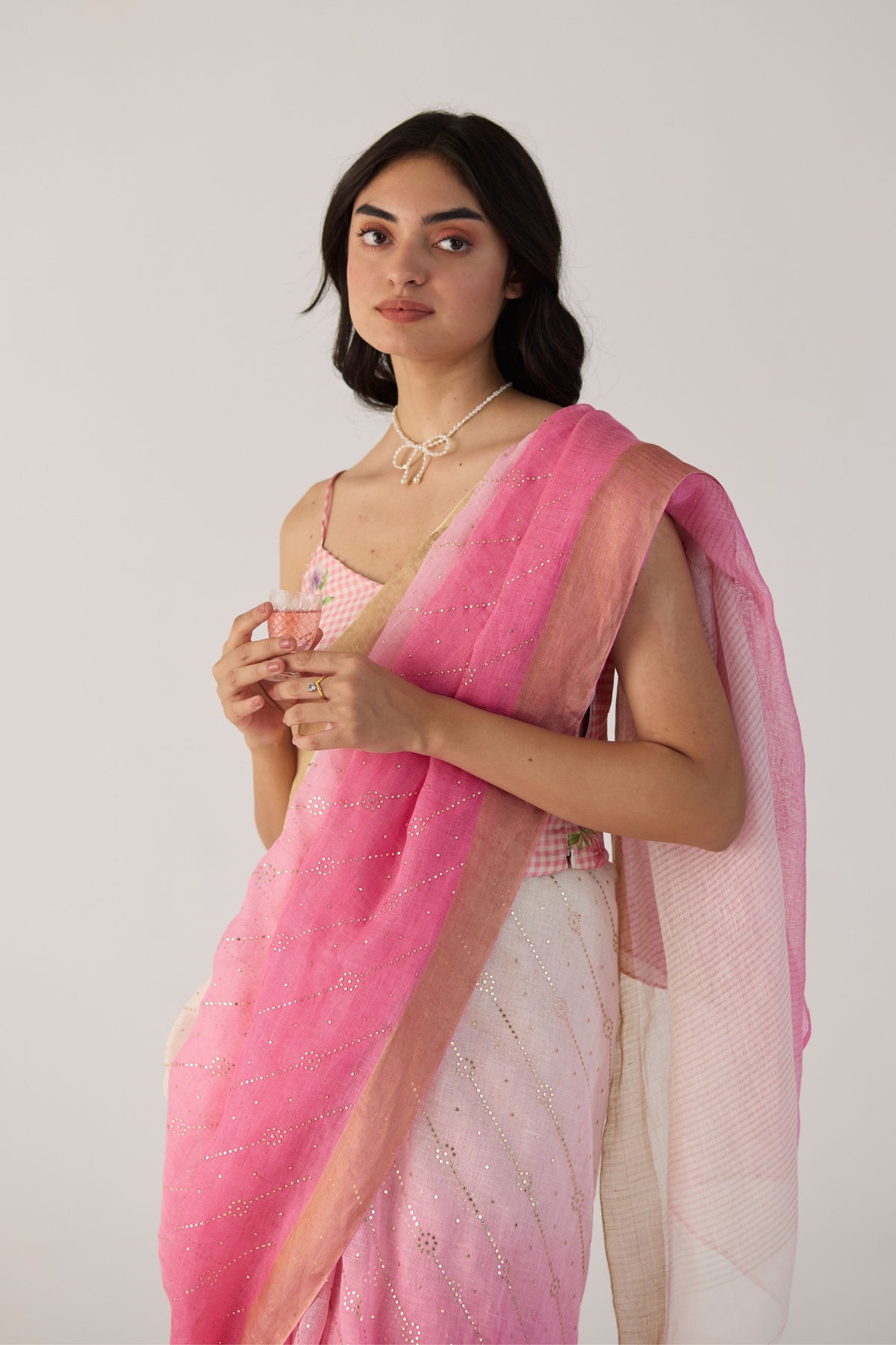 Pink Ombre Sari With Gold Dots Print