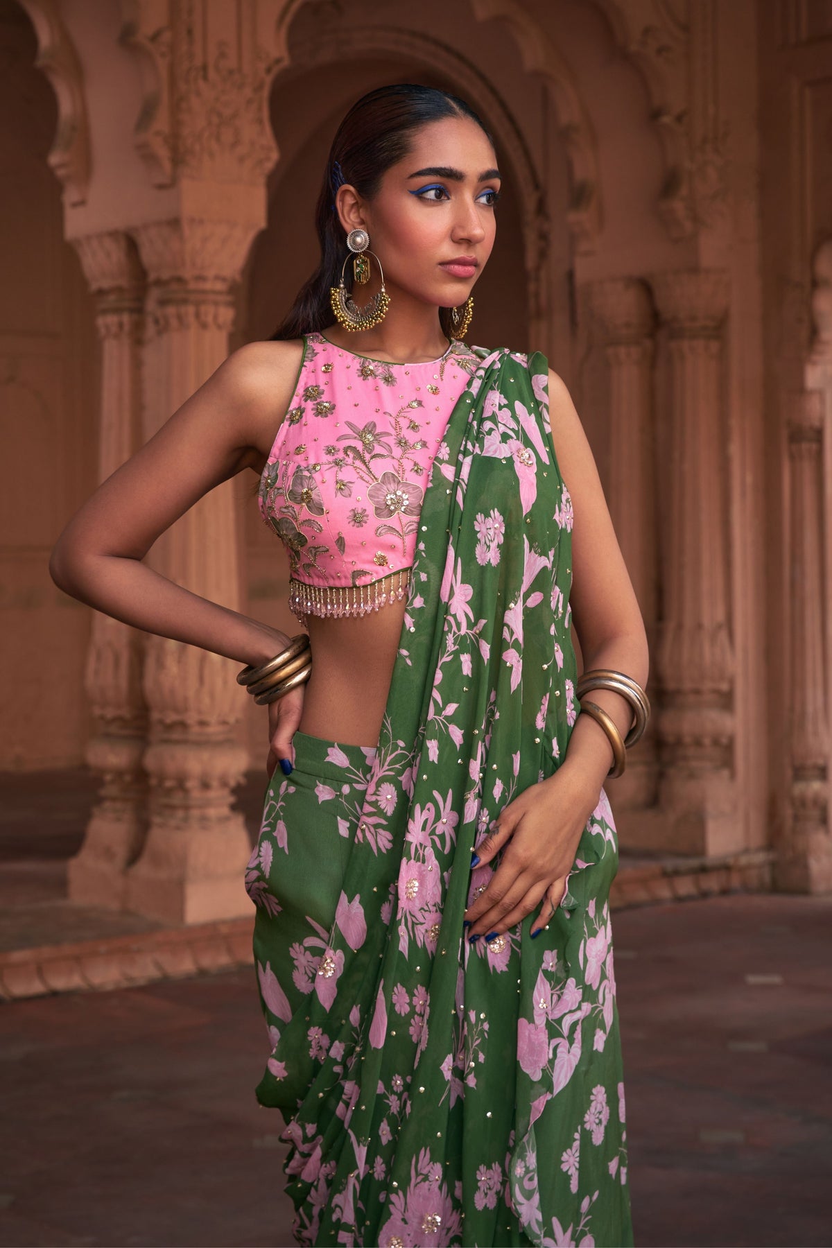 Blush Pink Draped Saree Set