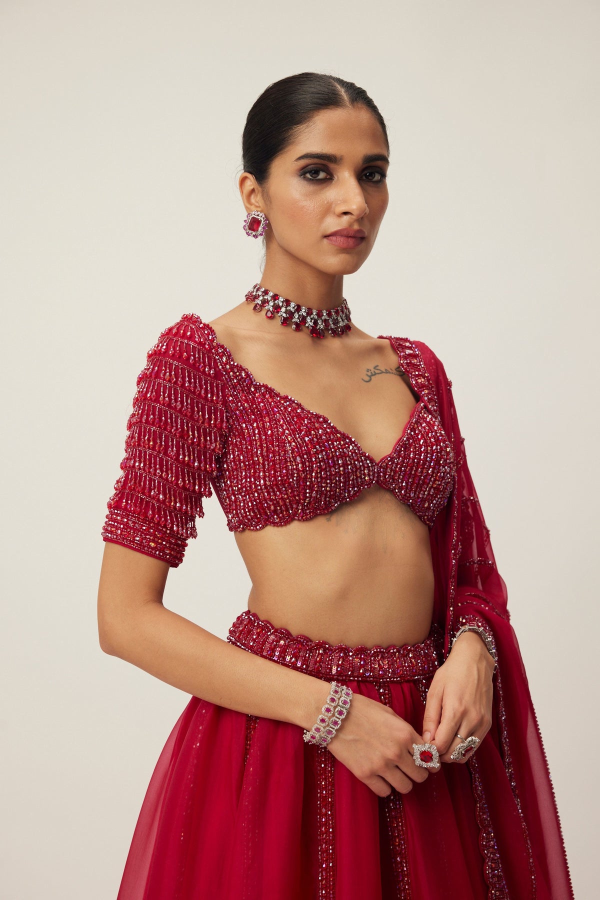 Ruby Red Organza Lehenga Set