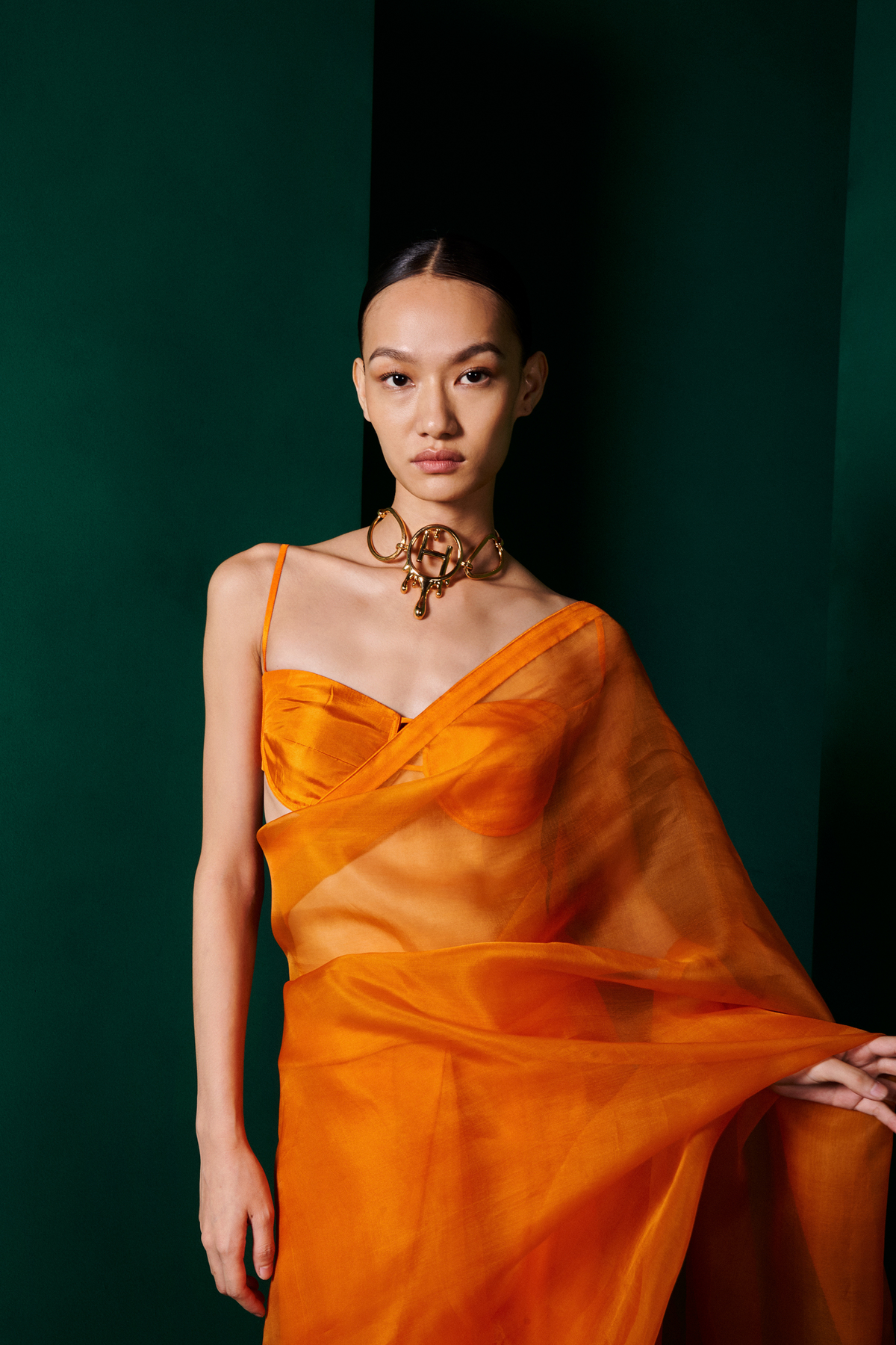 Handwoven Tangerine Orange Organza Sari