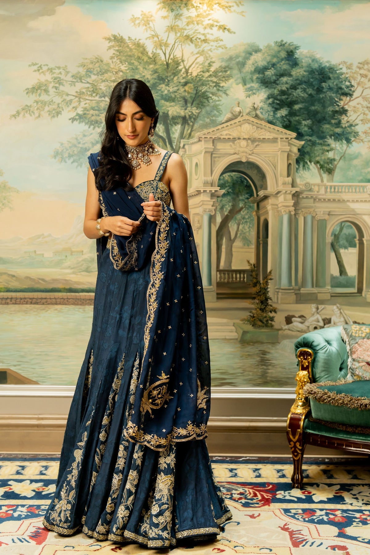 Blue Self Woven Kali Embroidered Lehenga Set