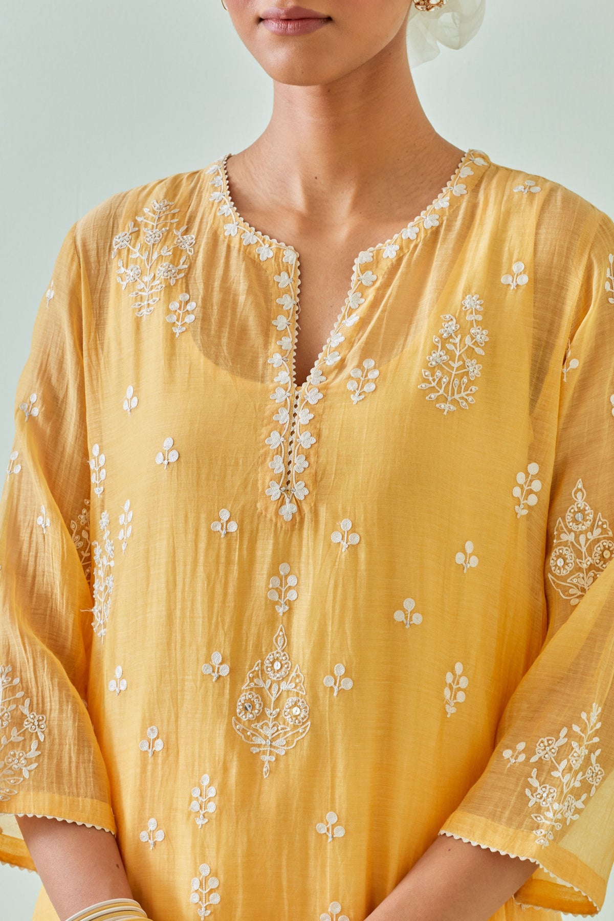 Yellow Scalloped Embroidery Kurta Set