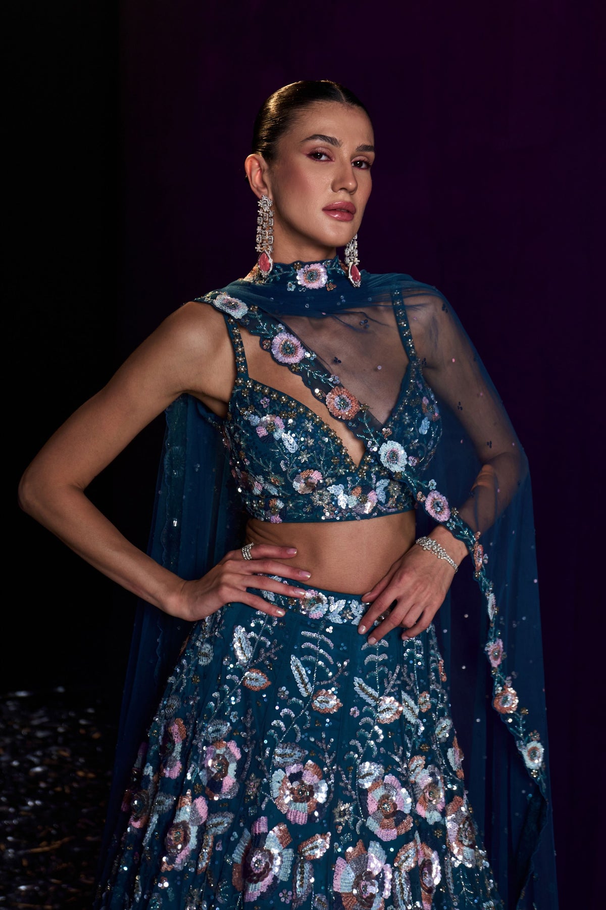 Peacock Blue Sequins Lehenga Set