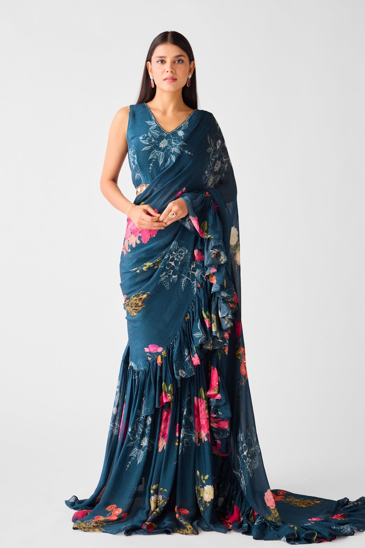 Teal Embroidered Floral Saree Set