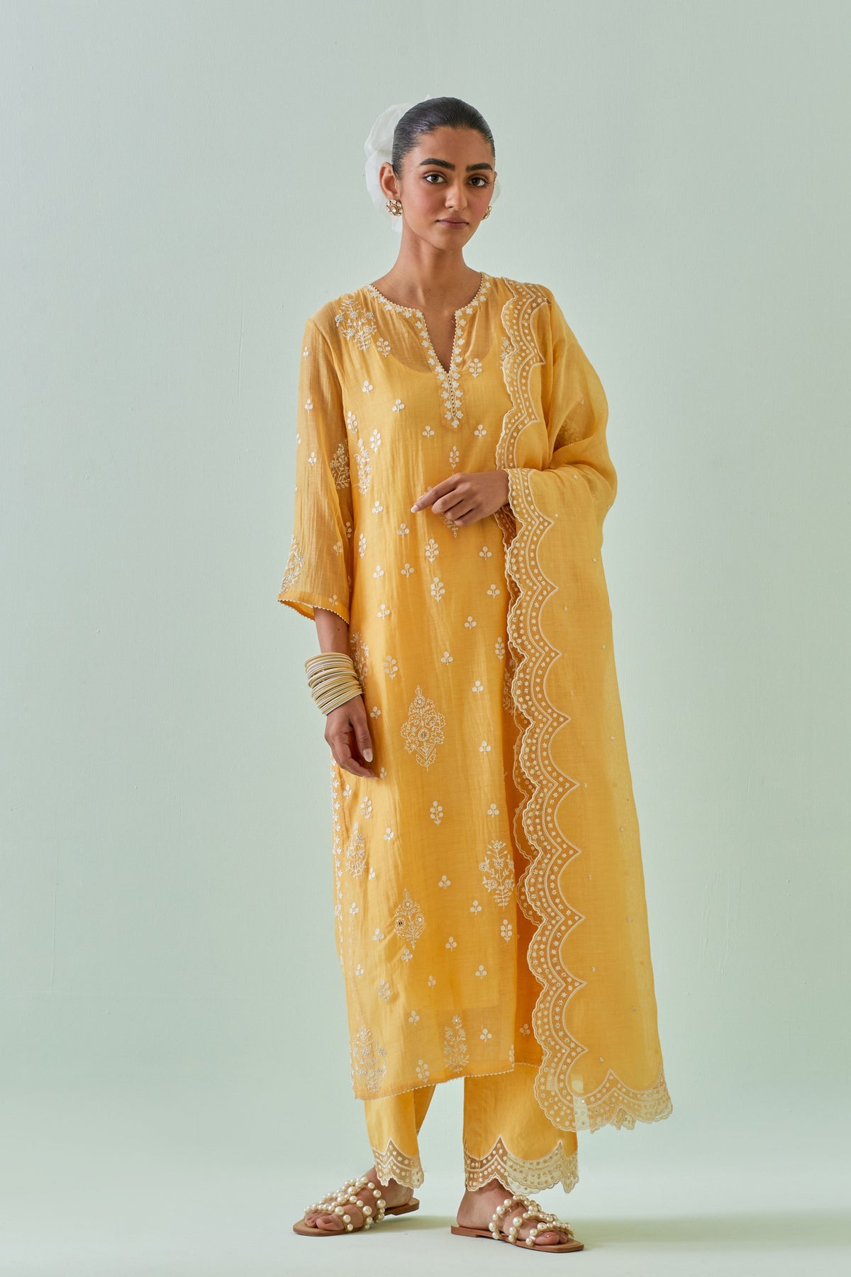 Yellow Scalloped Embroidery Kurta Set