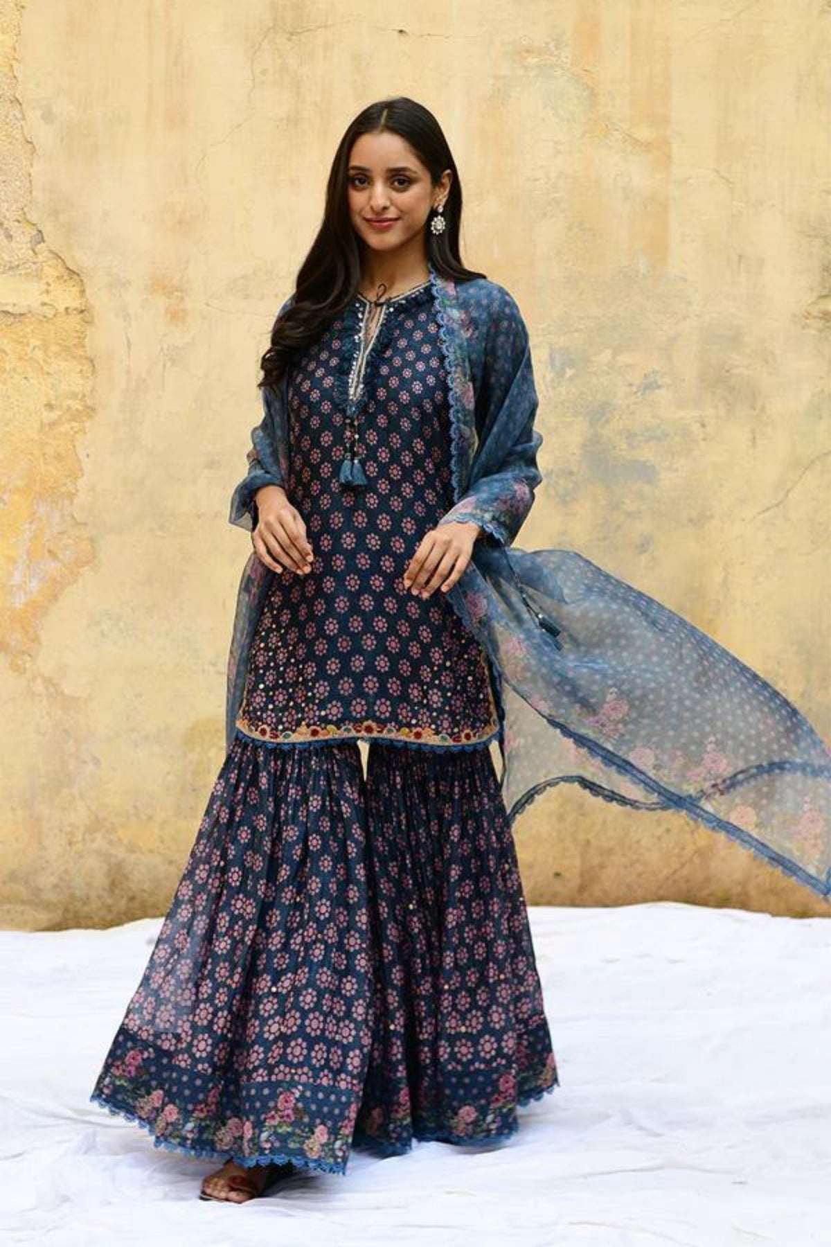 Blue Dotted Cascade Sharara Set