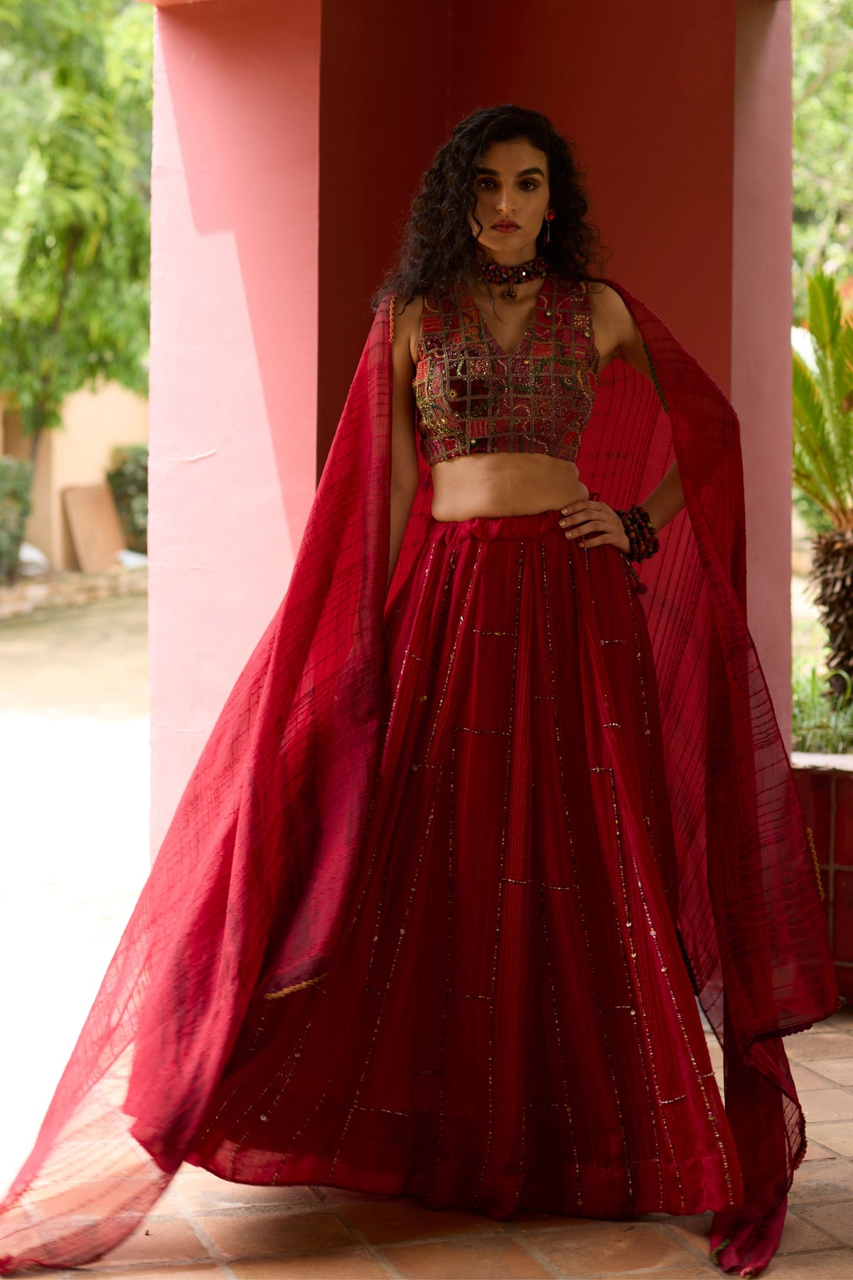 Red Textured Lehenga Set