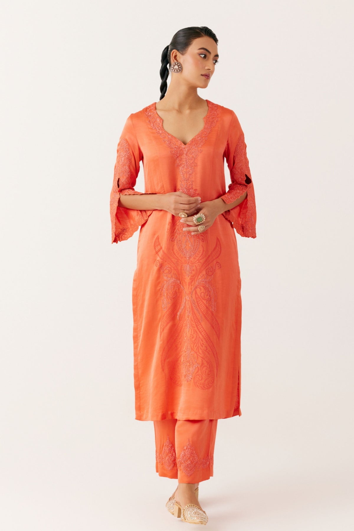 Orange Dori Embroidered Kurta Set