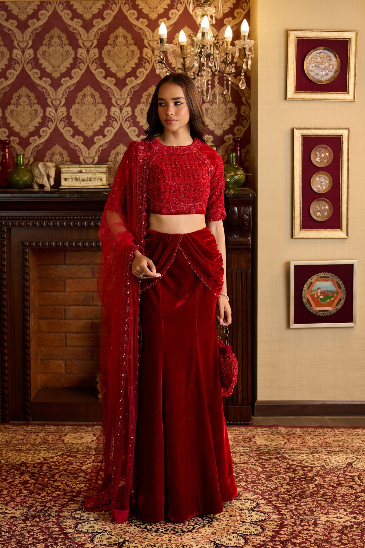 Opulent Red Velvet Lehenga Ensemble