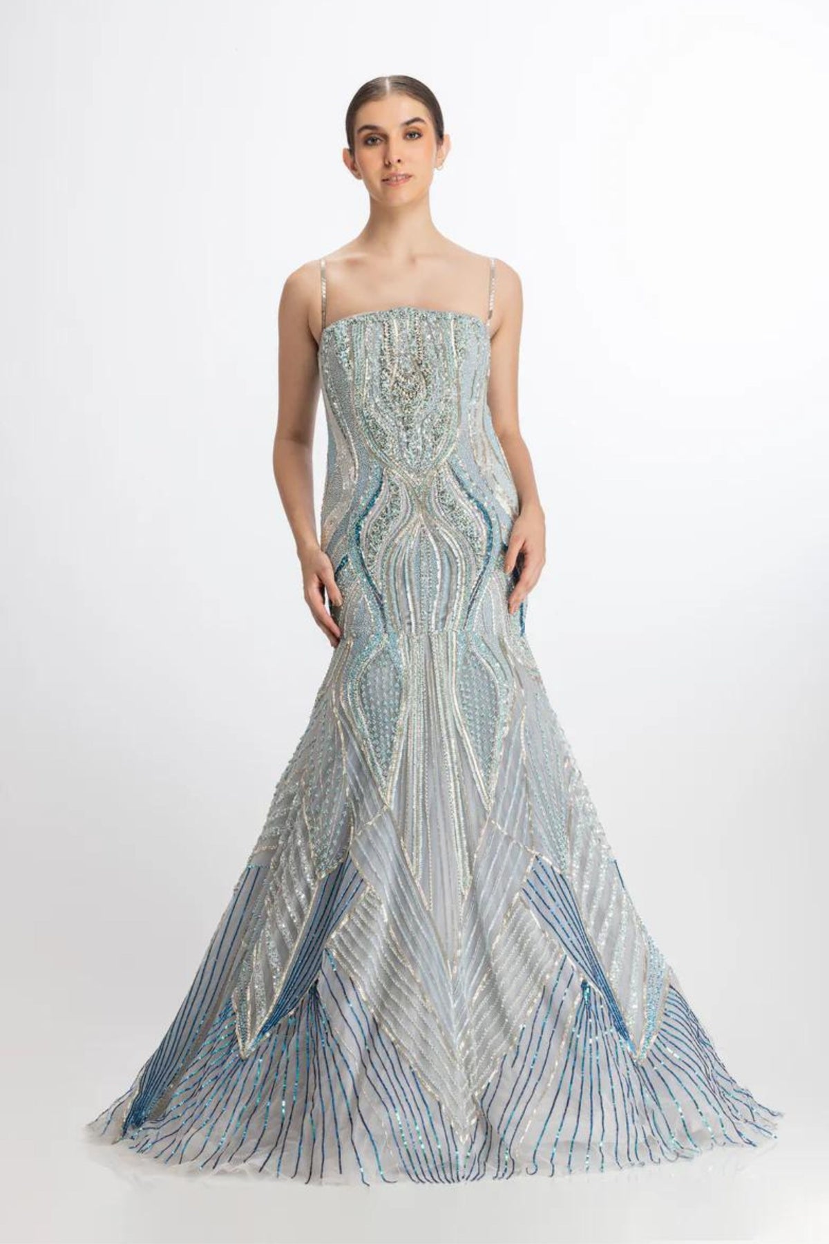 Multi color blue mermaid flare gown