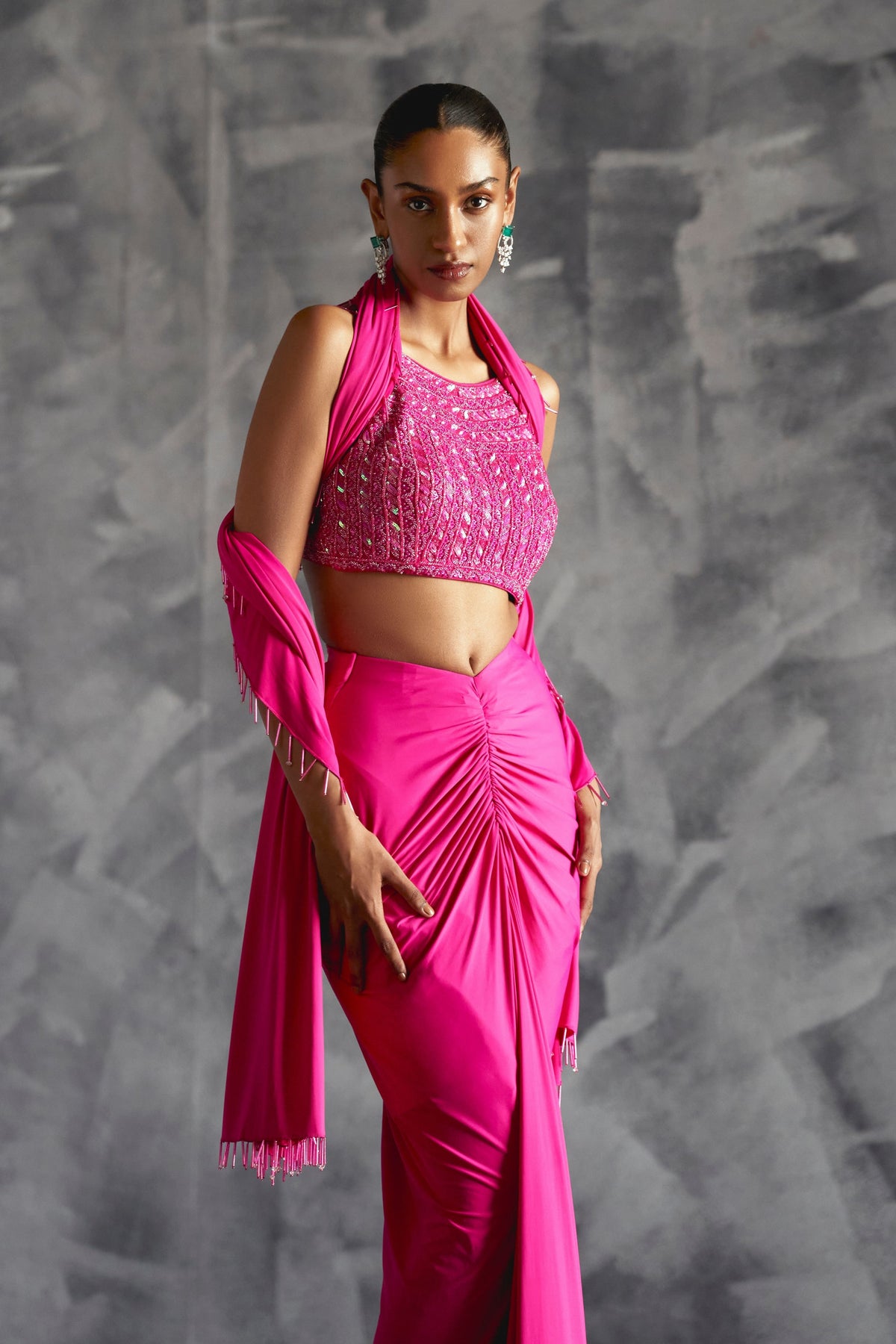 Pink Fitted Gathered Skirt Set