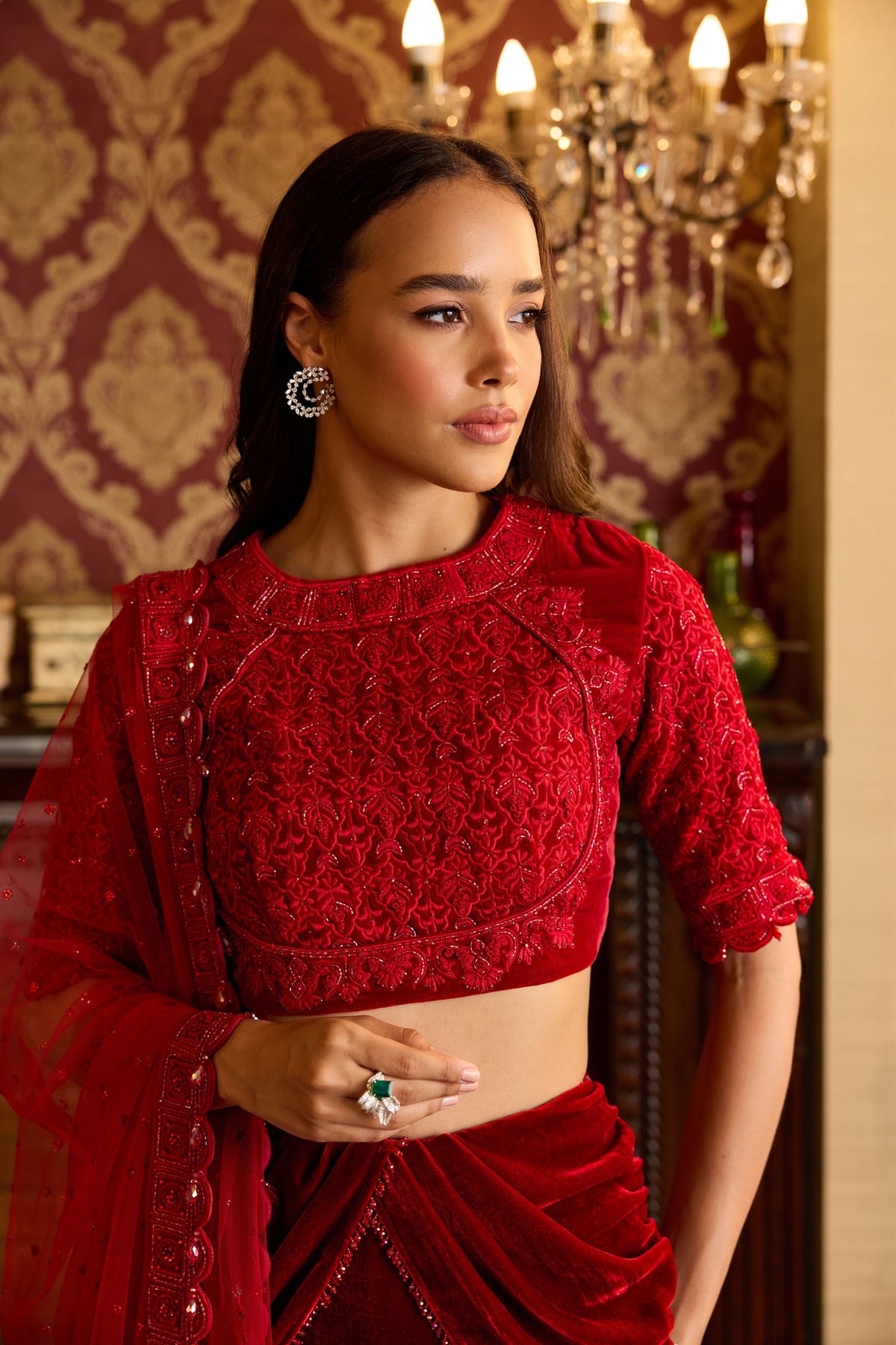 Opulent Red Velvet Lehenga Ensemble