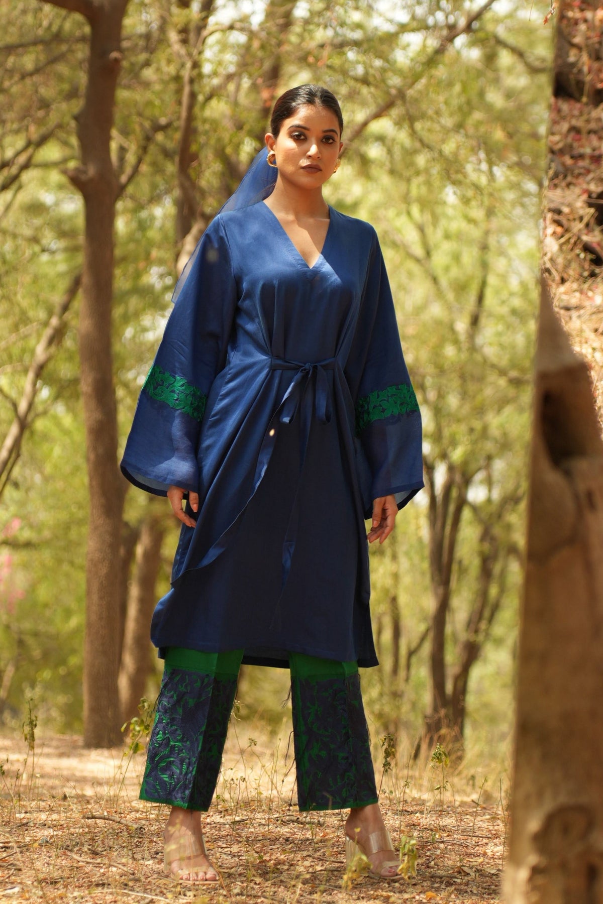 Blue Embroidered Tie up Kurta With Pants