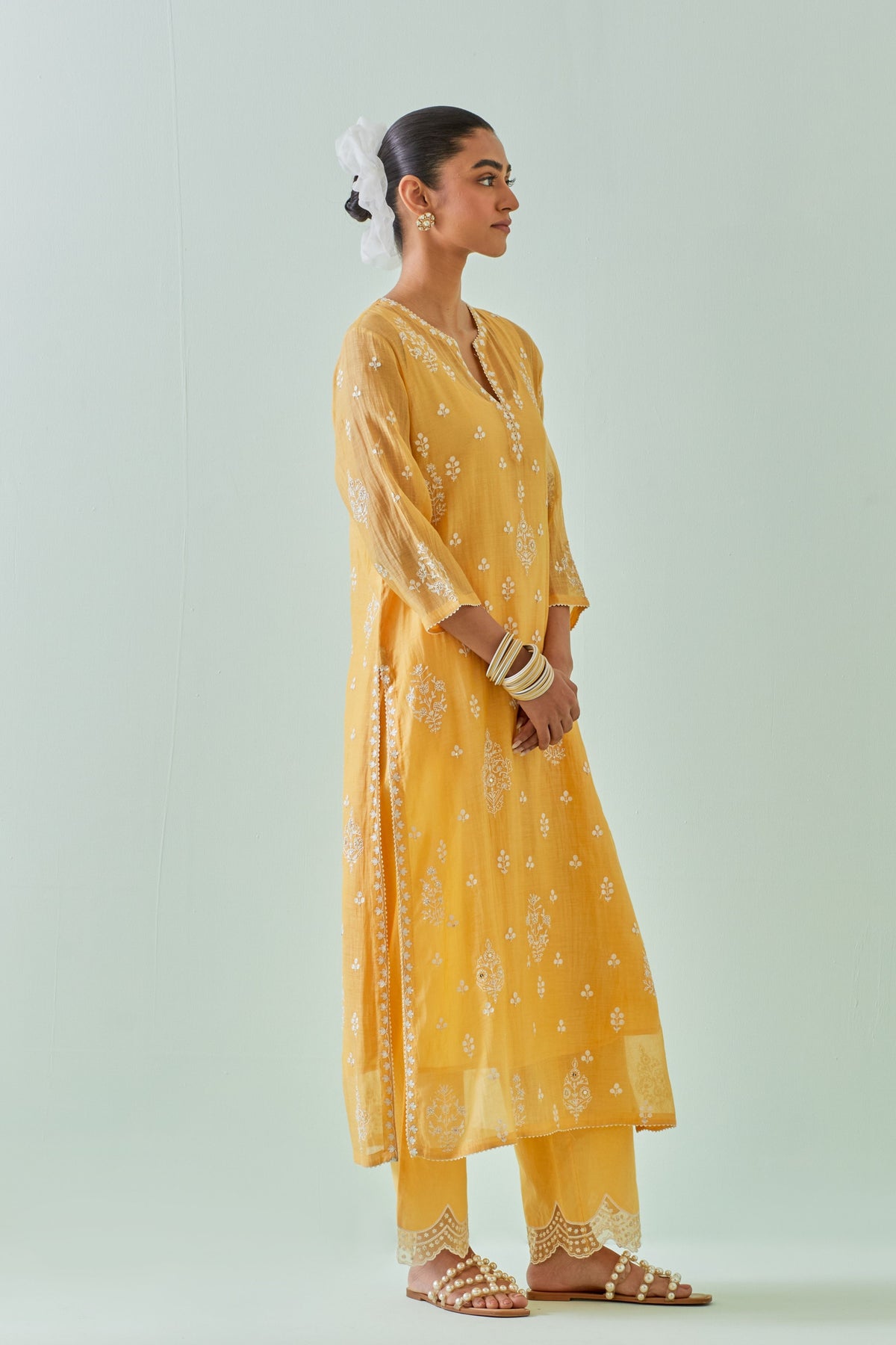 Yellow Scalloped Embroidery Kurta Set