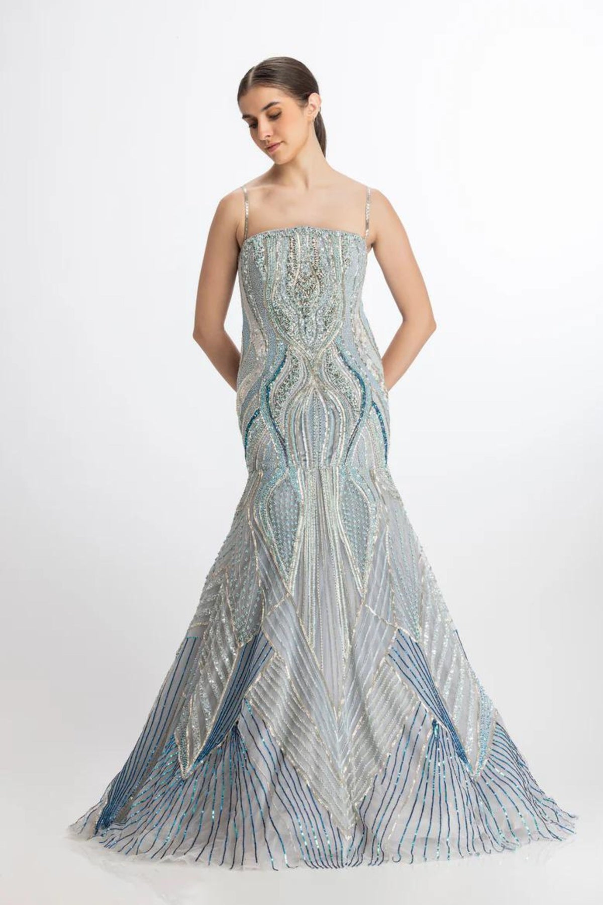 Multi color blue mermaid flare gown