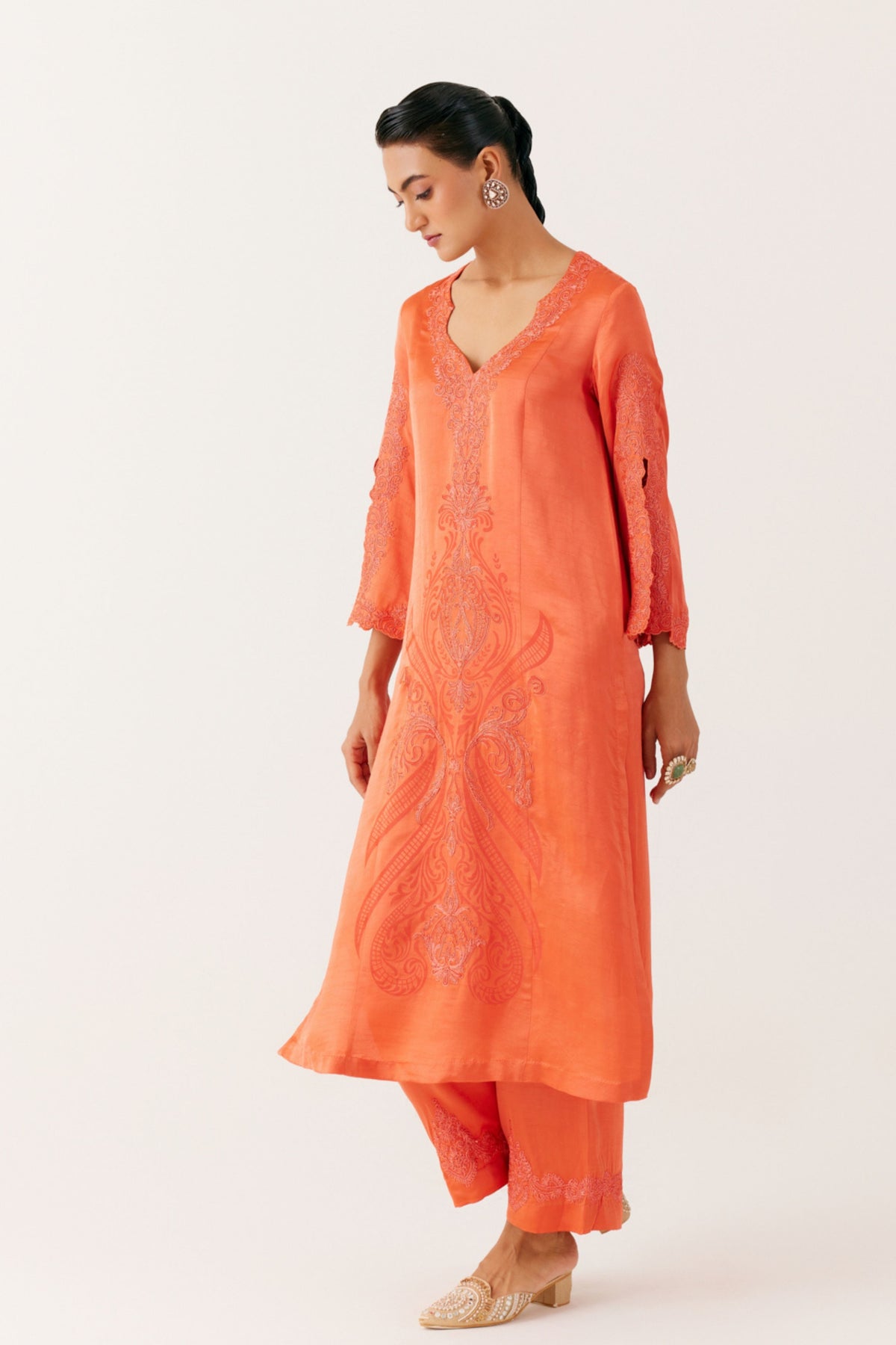 Orange Dori Embroidered Kurta Set