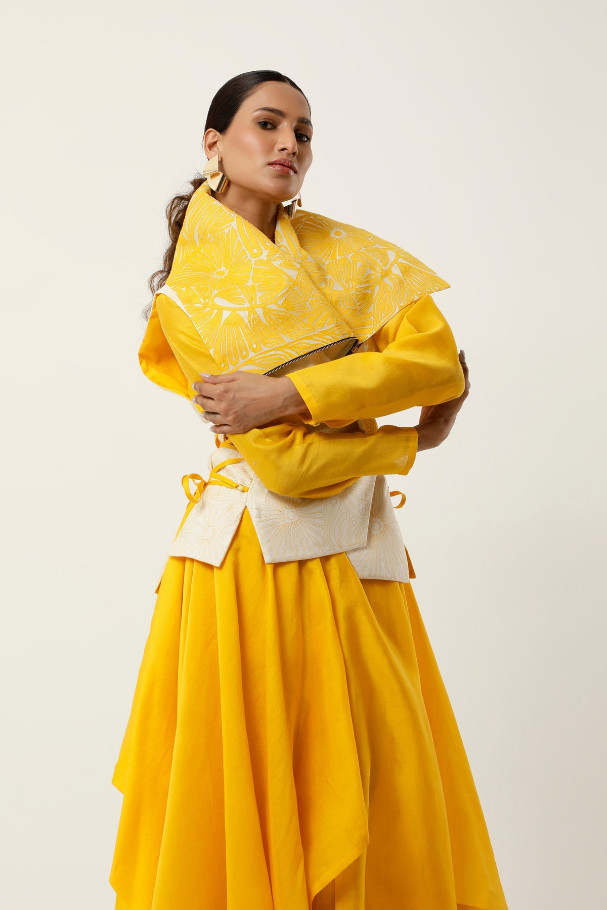 Yellow Drapped Collar Jacket Set