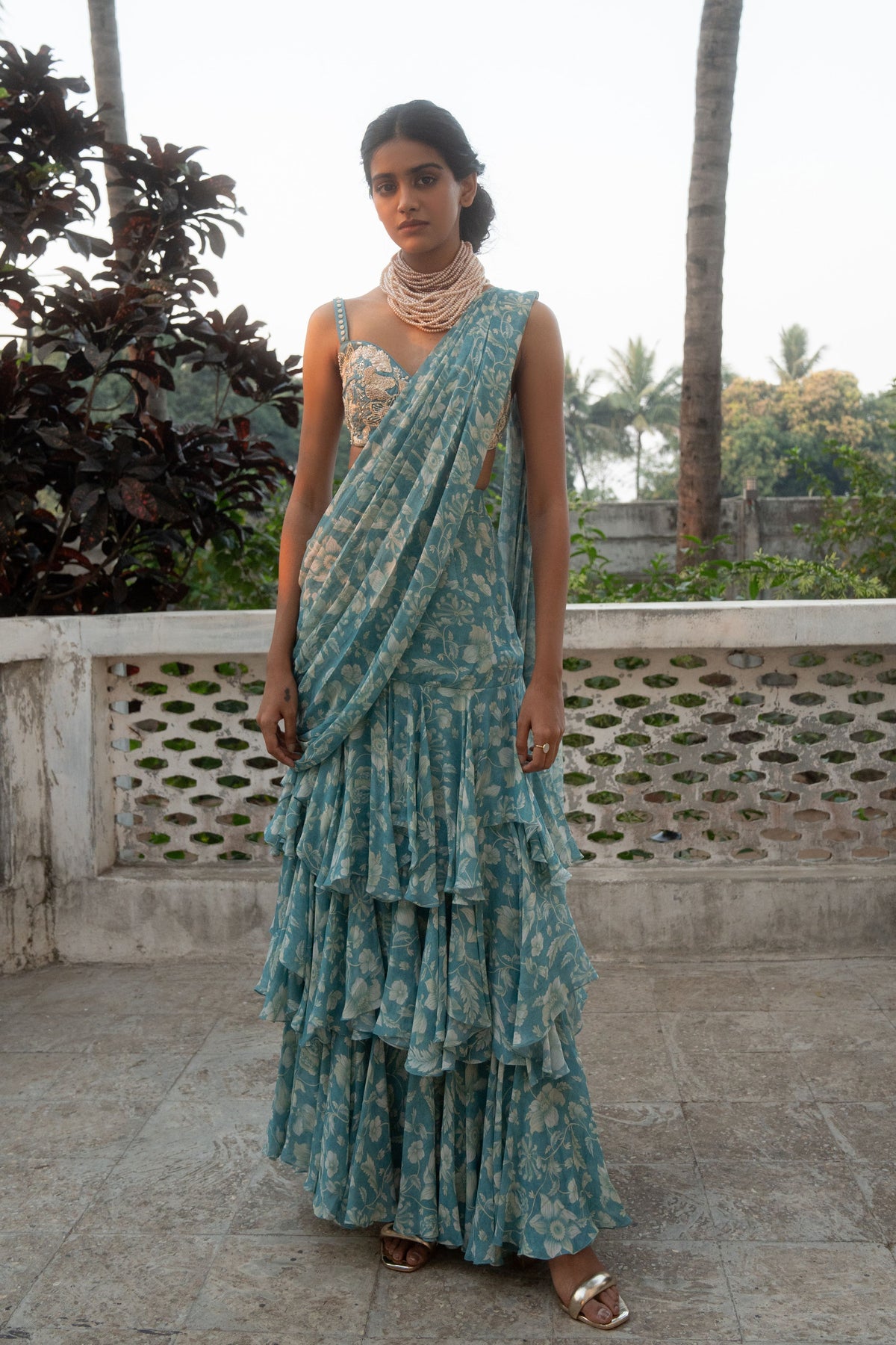 Ice Blue Pre-draped Saree Set