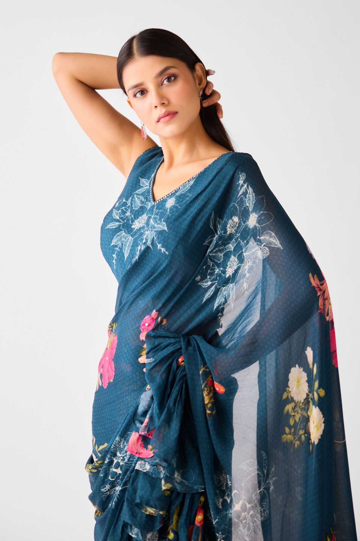 Teal Embroidered Floral Saree Set