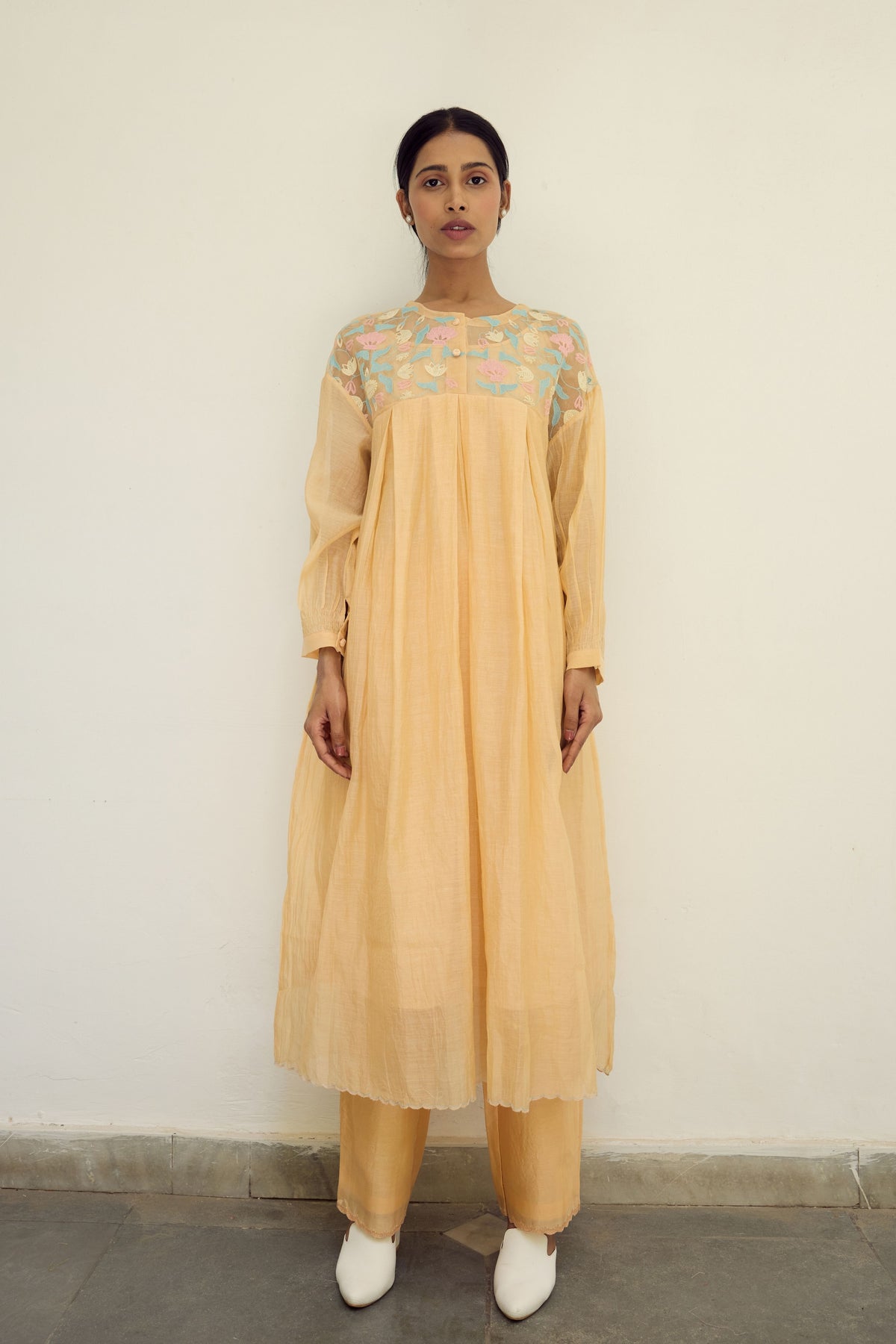 Peach Silk Organza Yoke Dress