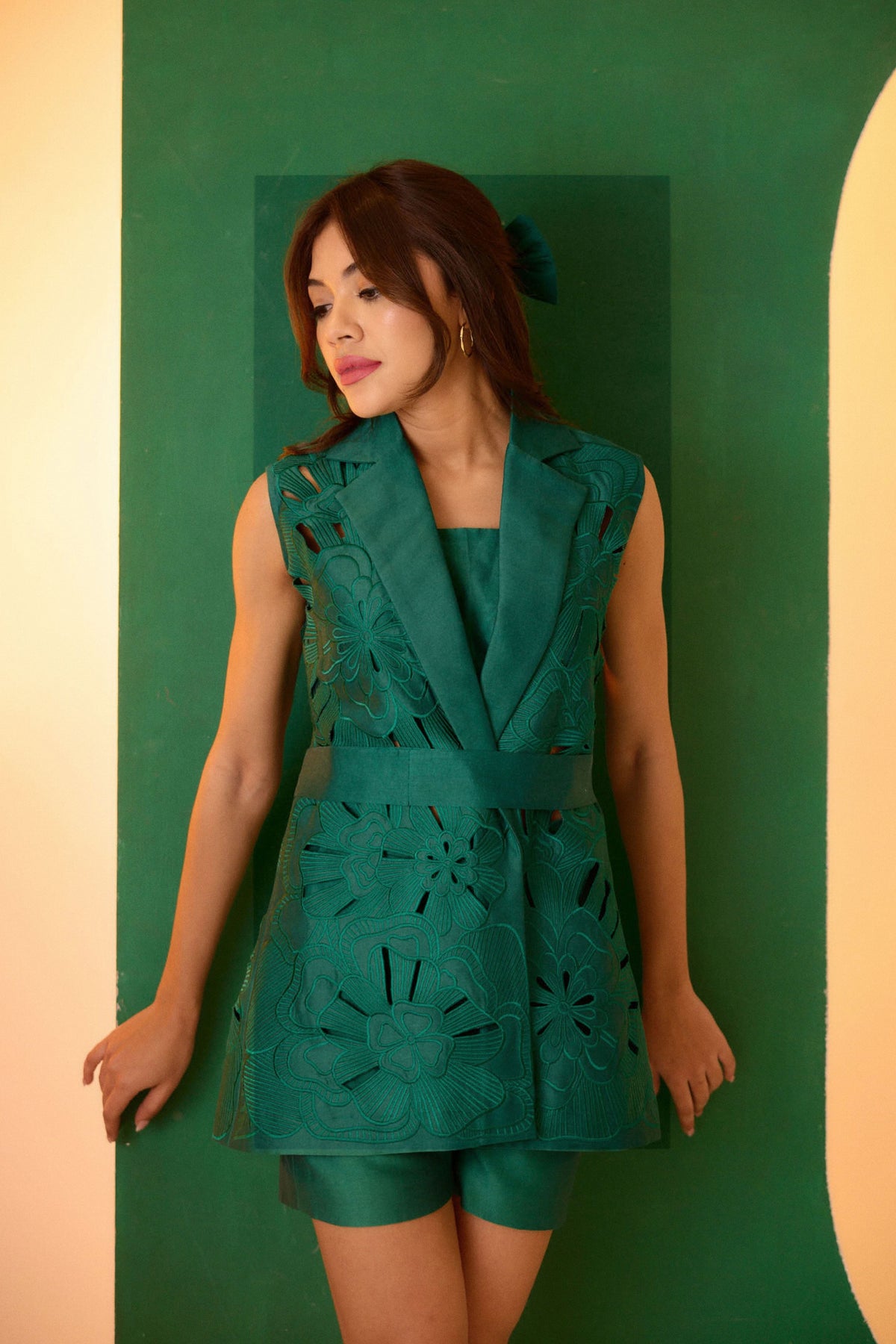 Emerald Green Embroidered Cutwork Bloom Jacket