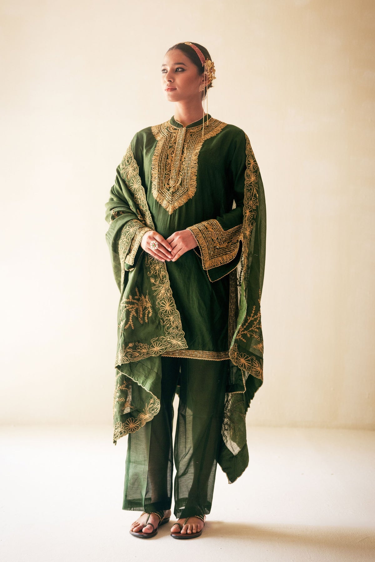 Green High Low Kurta Set