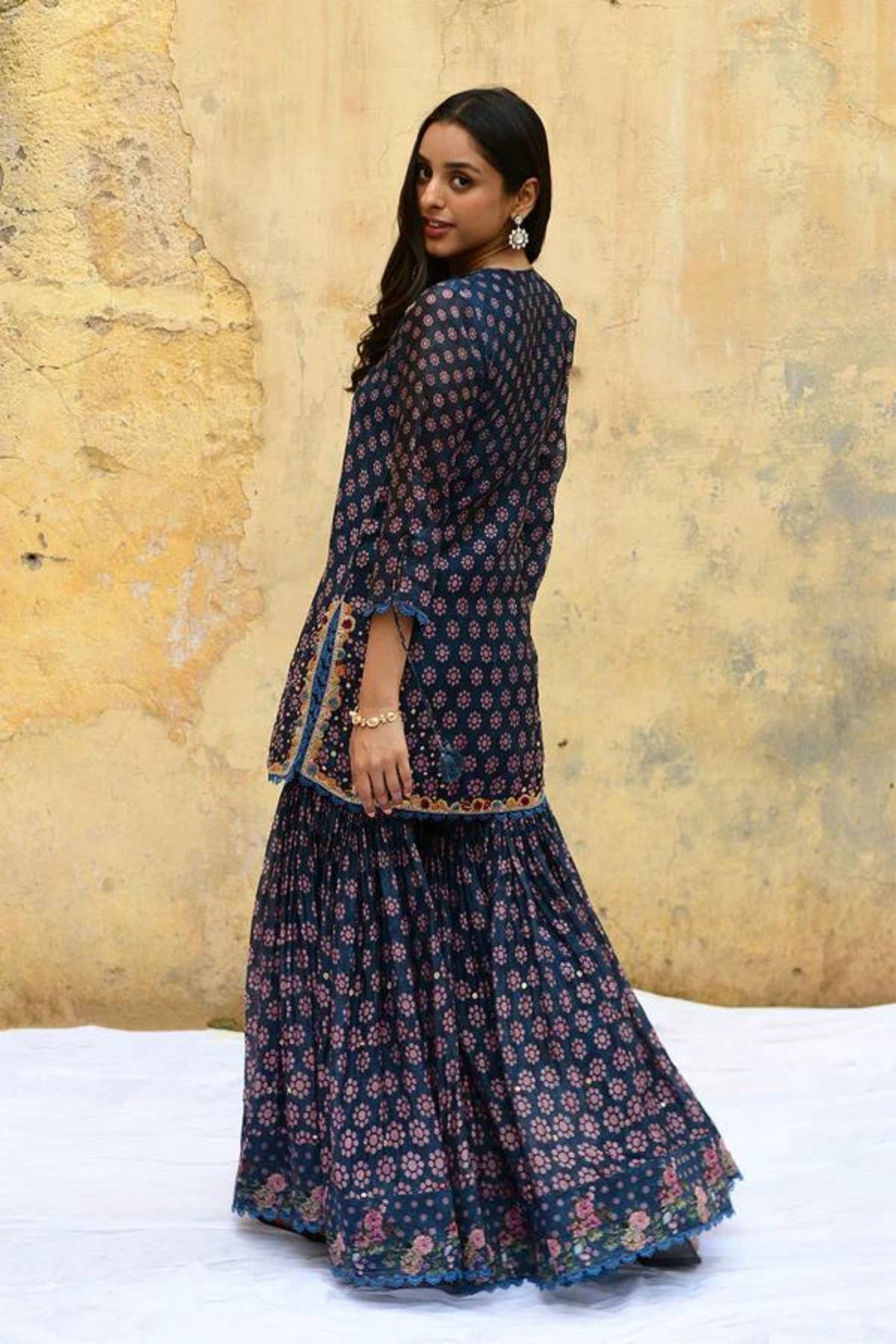 Blue Dotted Cascade Sharara Set