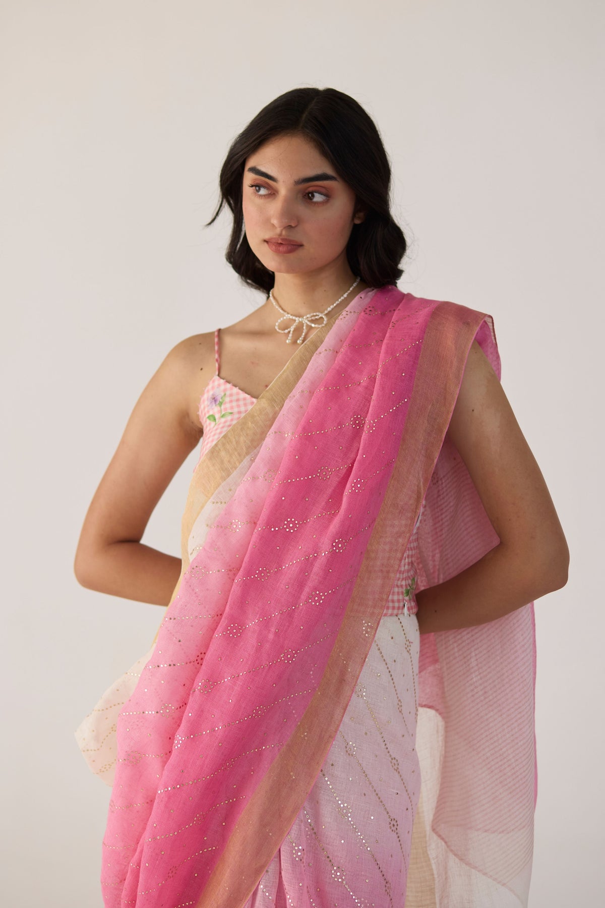 Pink Ombre Sari With Gold Dots Print