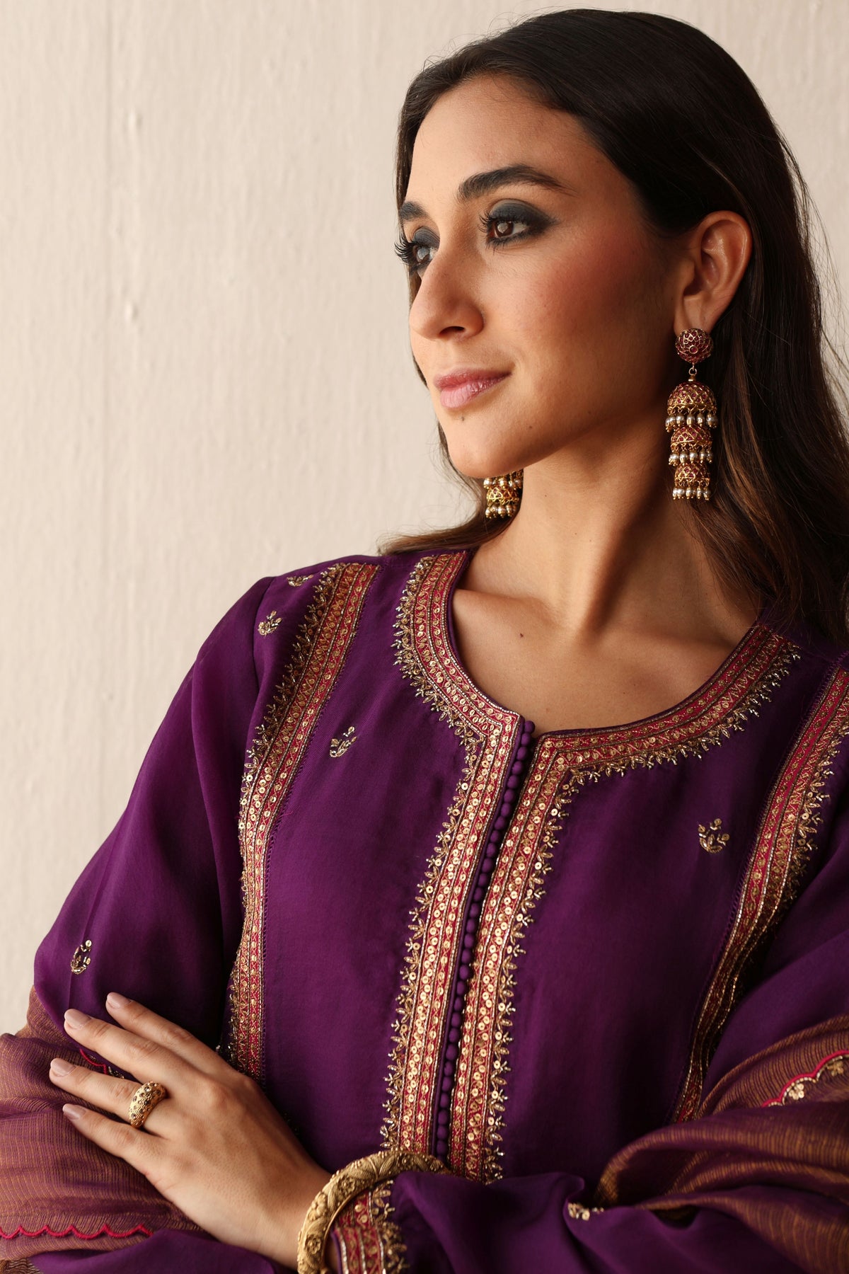 Purple Hand Embroidered Kurta Set