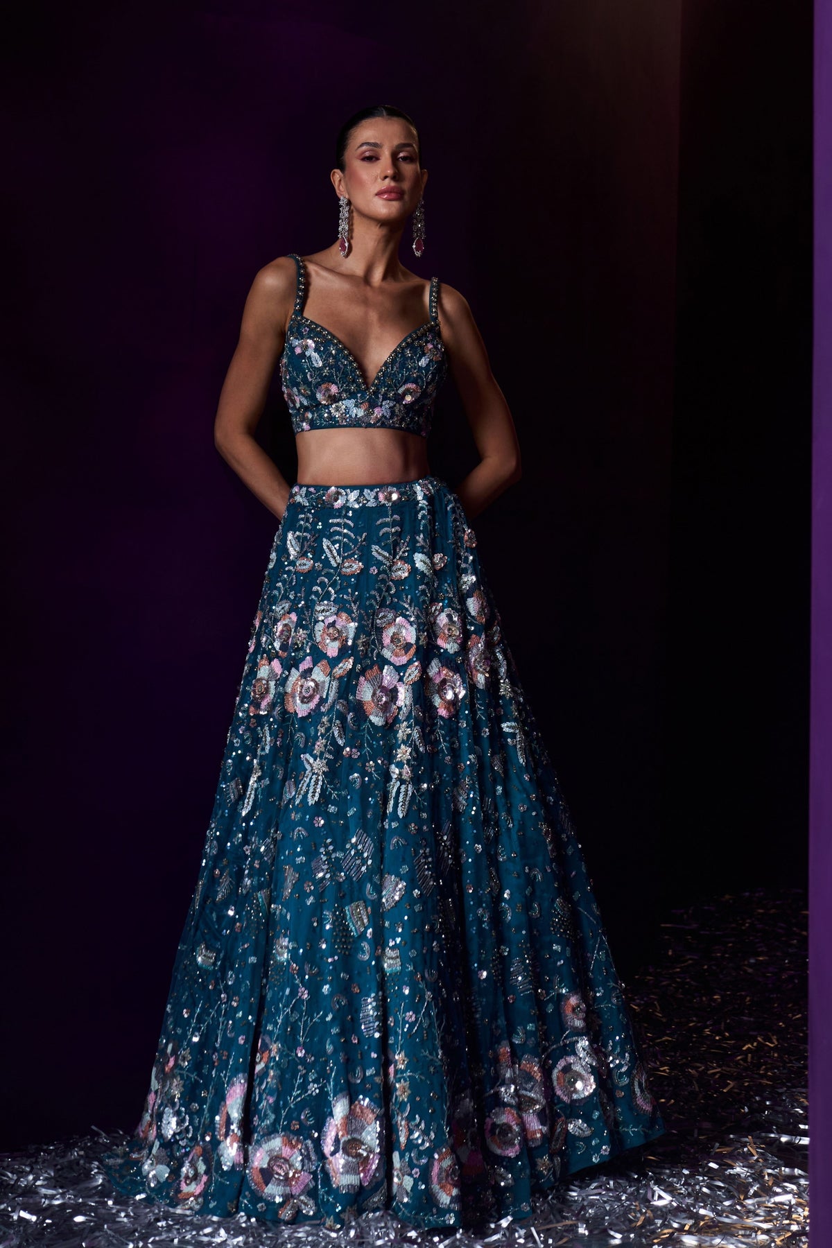 Peacock Blue Sequins Lehenga Set