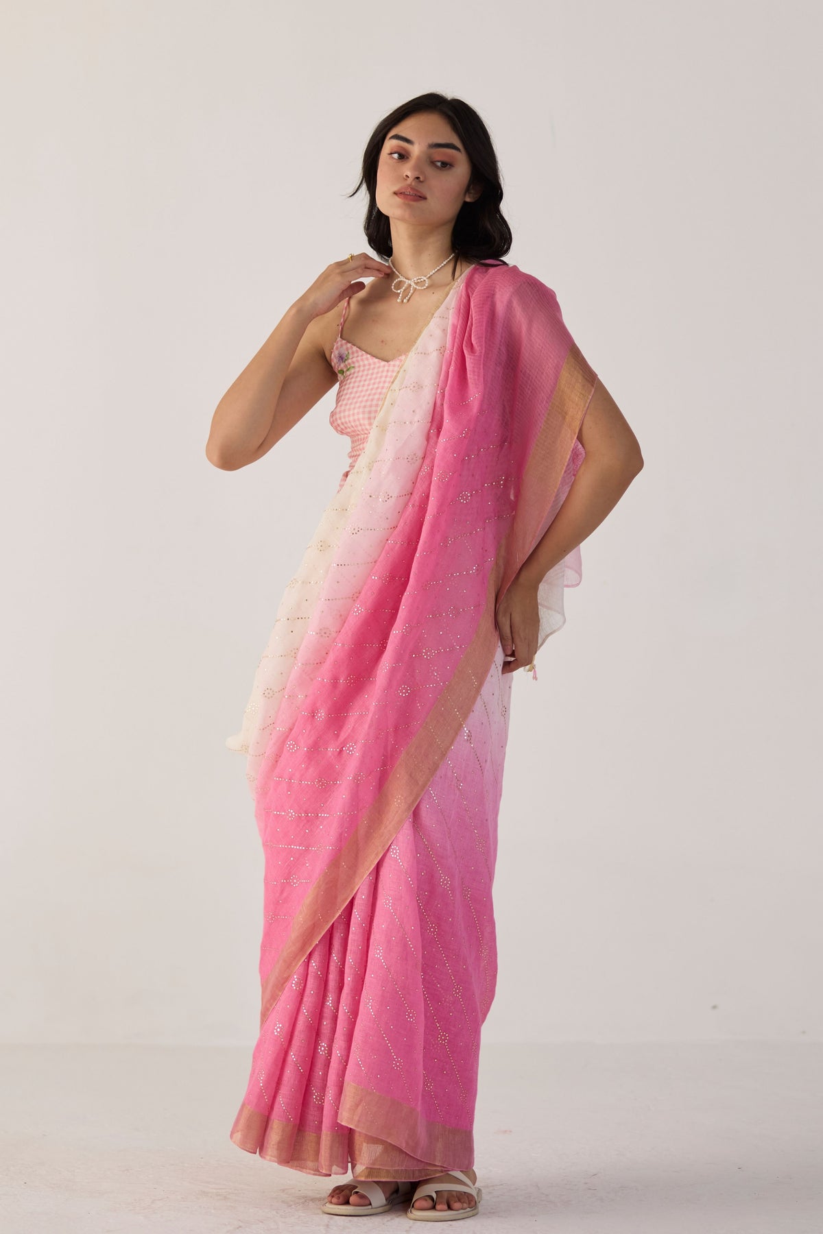 Pink Ombre Sari With Gold Dots Print