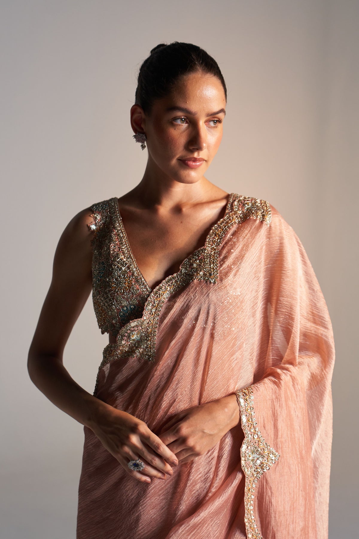 Salmon Peach Tissue Saree Set