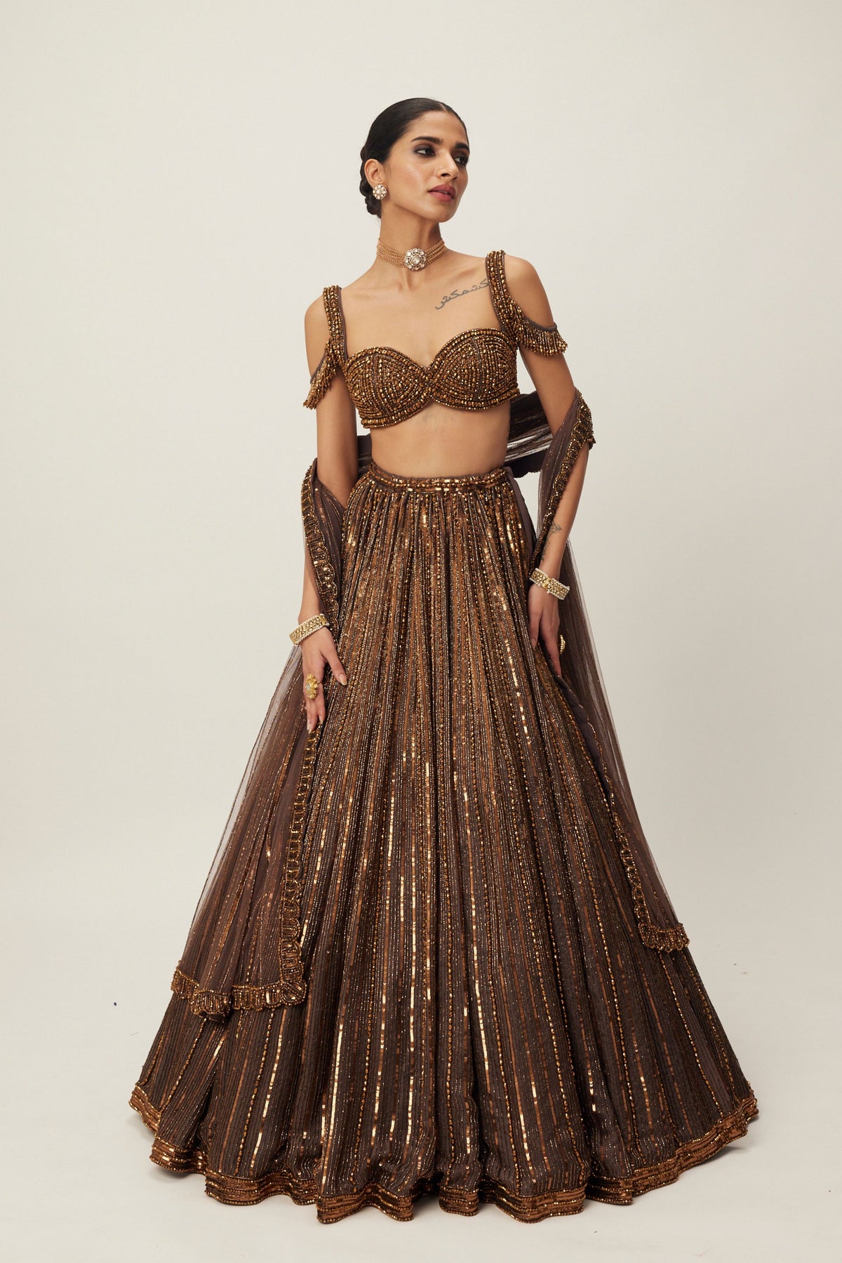 Copper Crystal Embroidered Lehenga Set