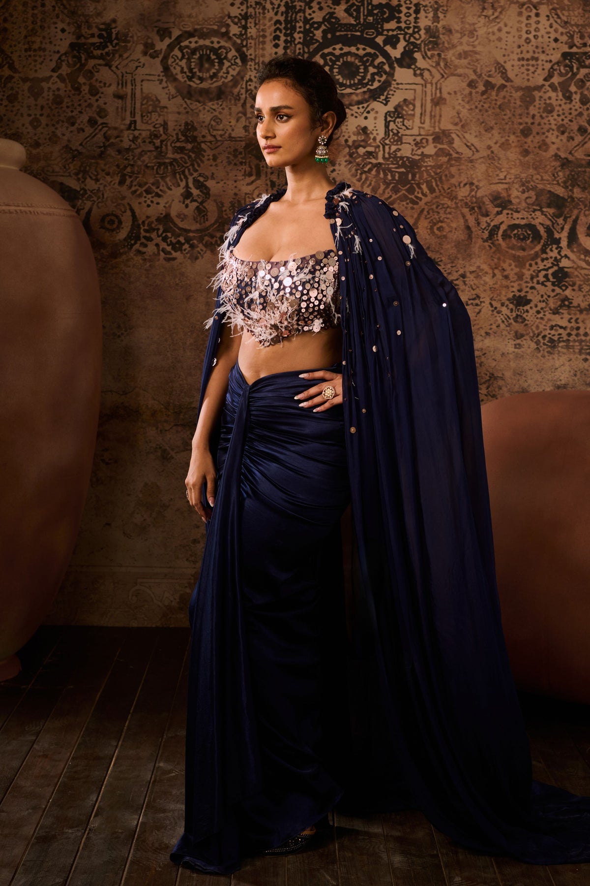 Navy Blue Embroidered Cape Set