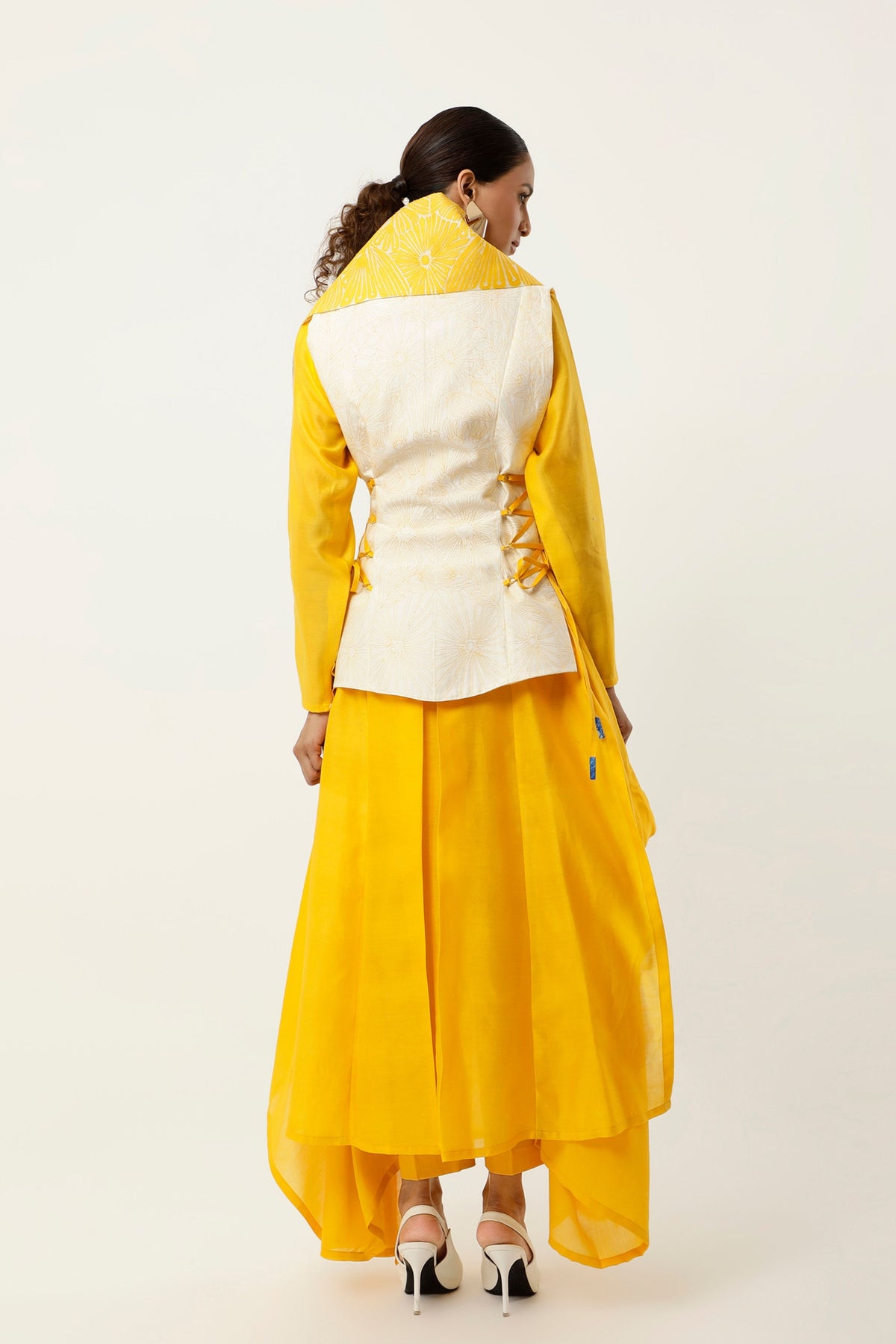 Yellow Drapped Collar Jacket Set