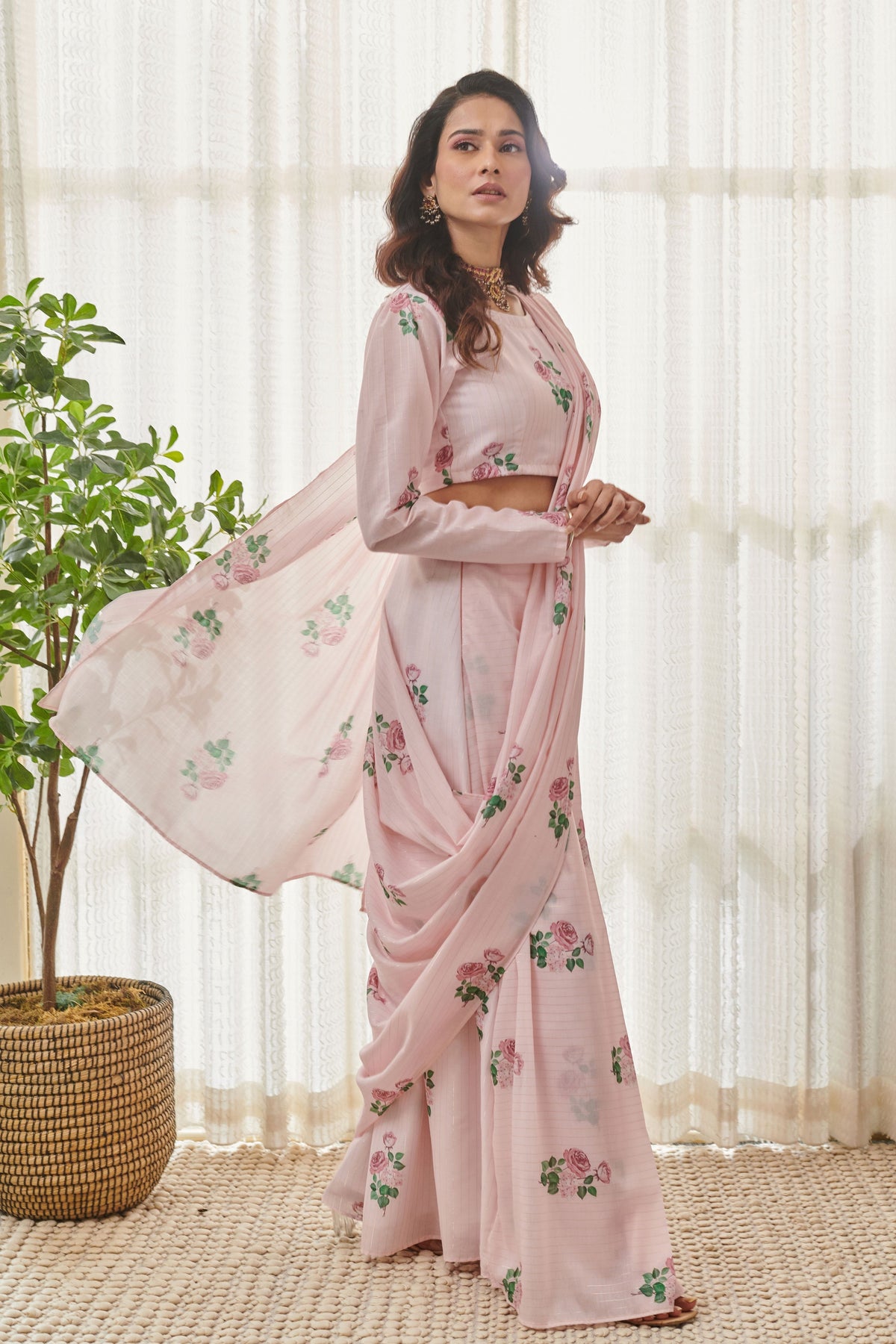 Sweet Pink Pre-drape Saree Set