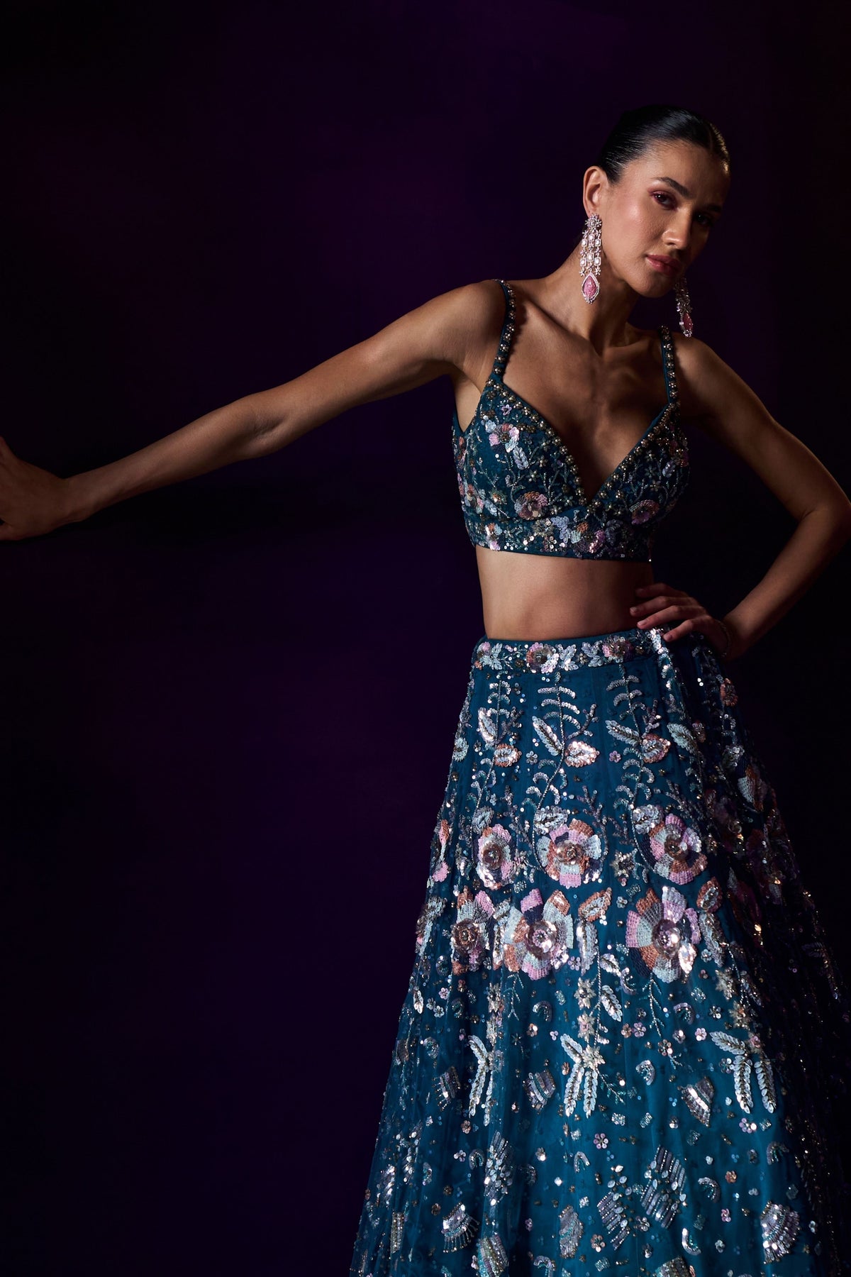 Peacock Blue Sequins Lehenga Set