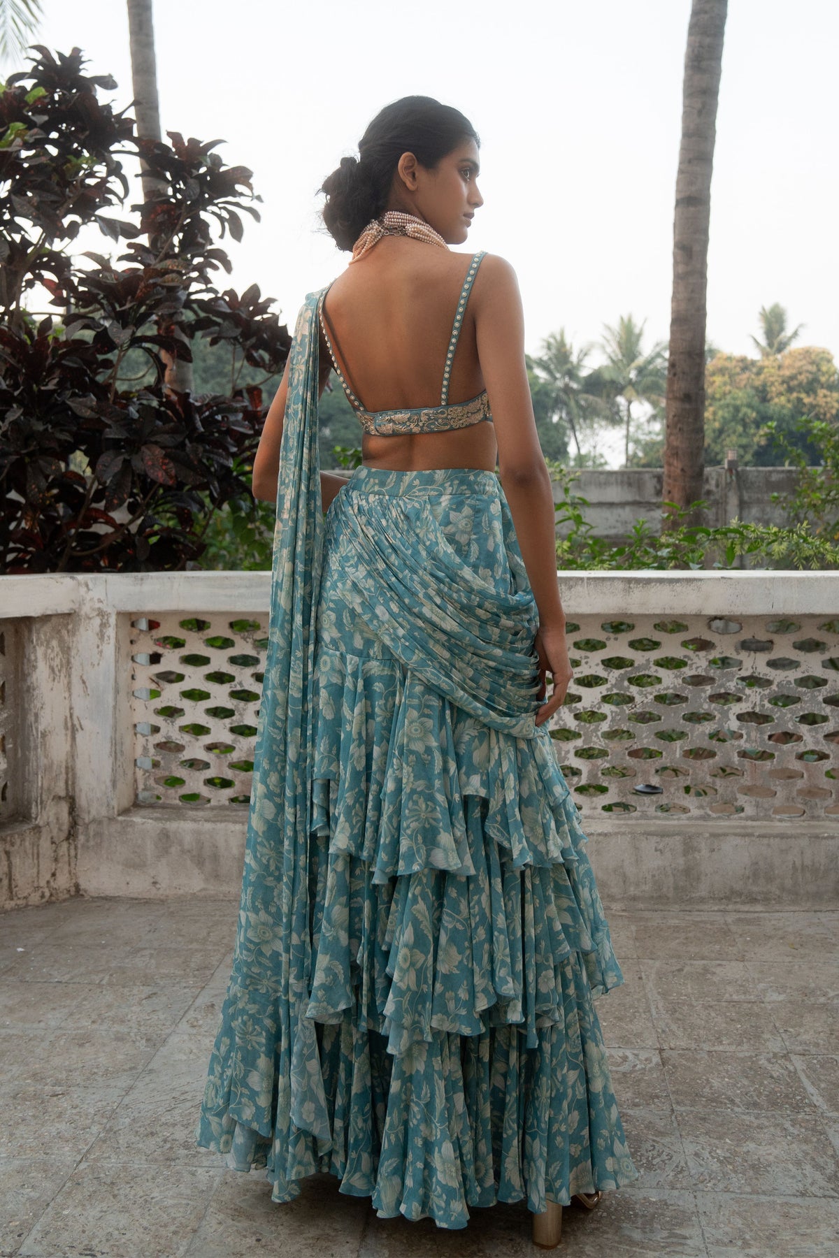 Ice Blue Pre-draped Saree Set