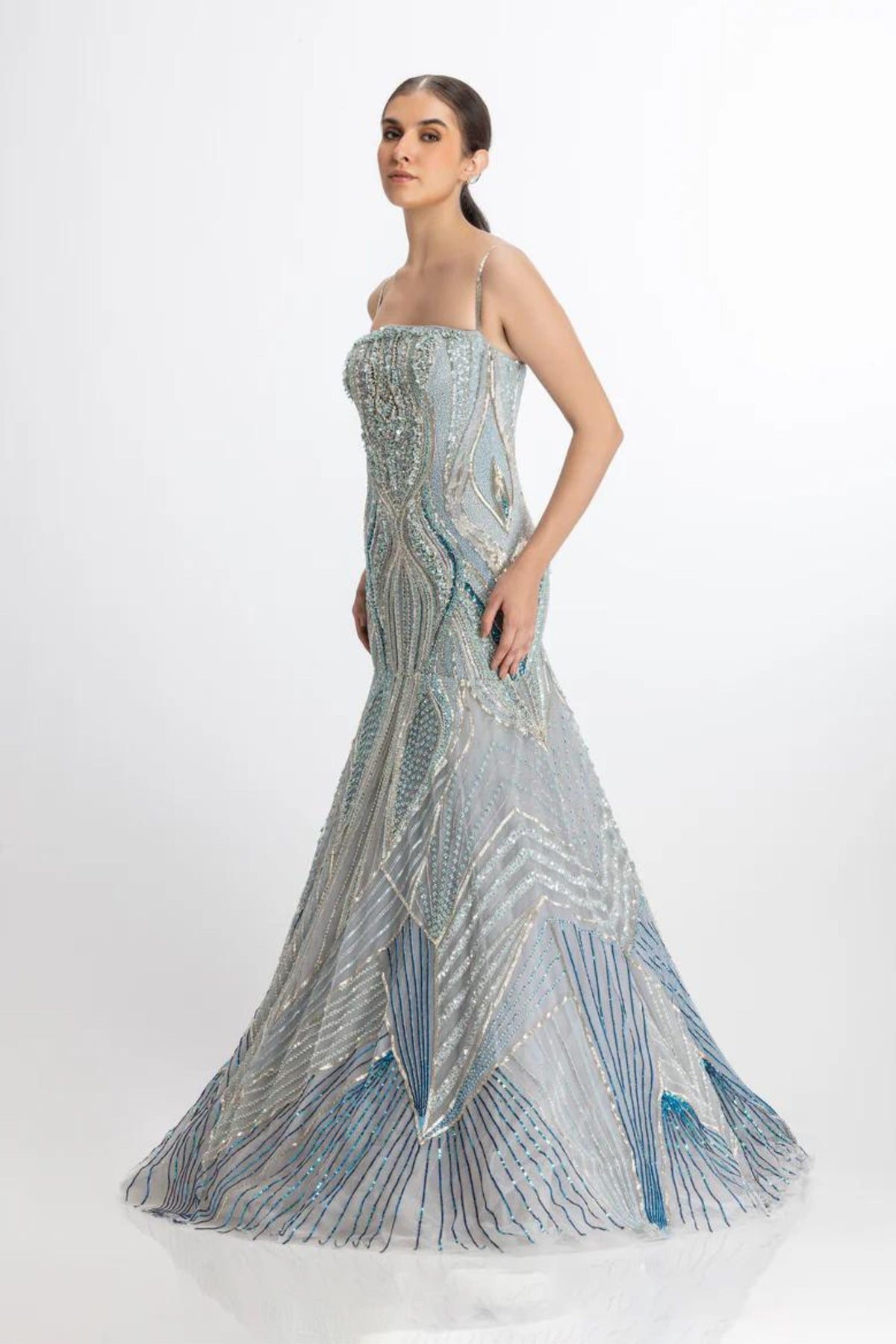 Multi color blue mermaid flare gown