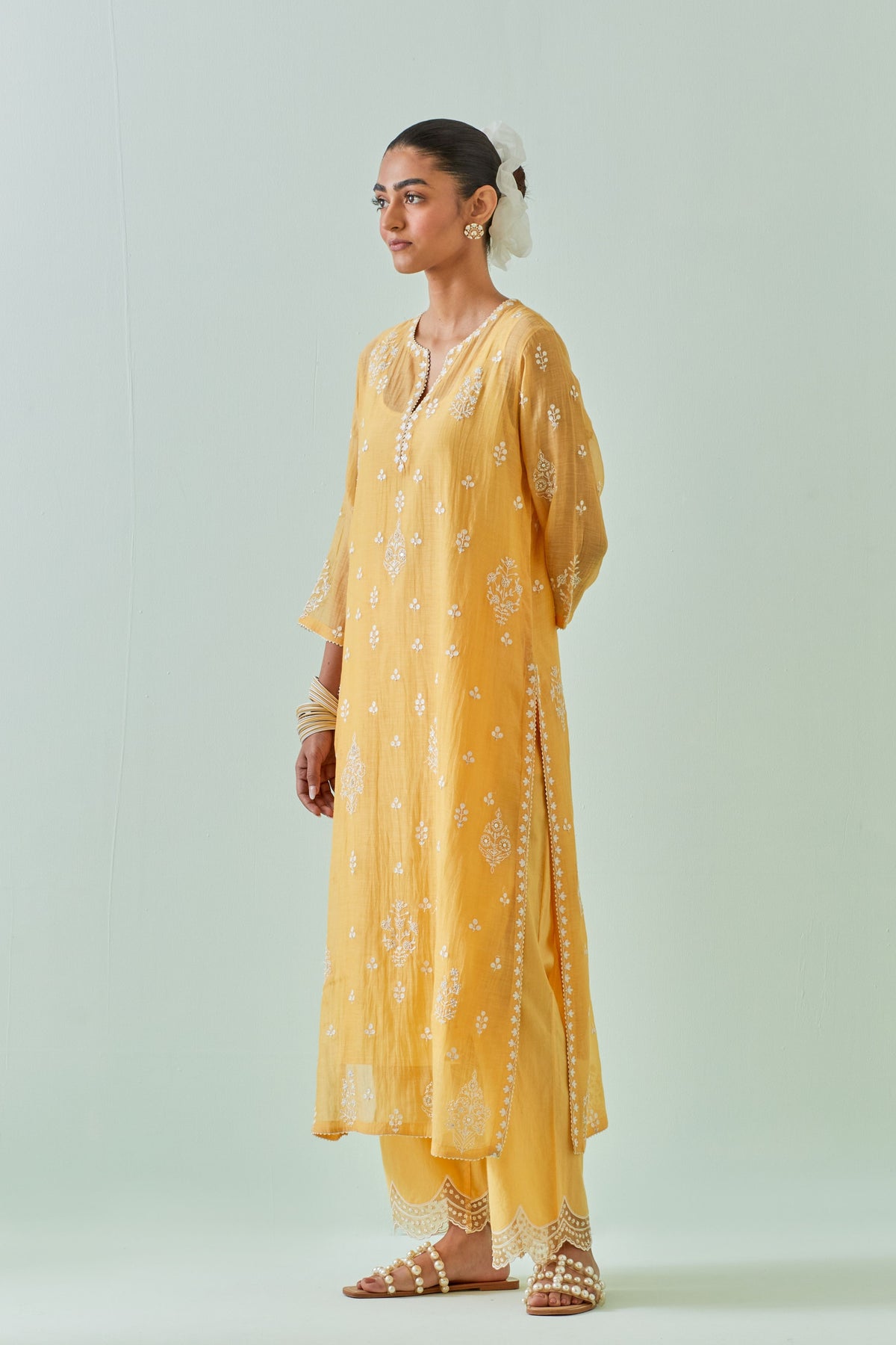 Yellow Scalloped Embroidery Kurta Set