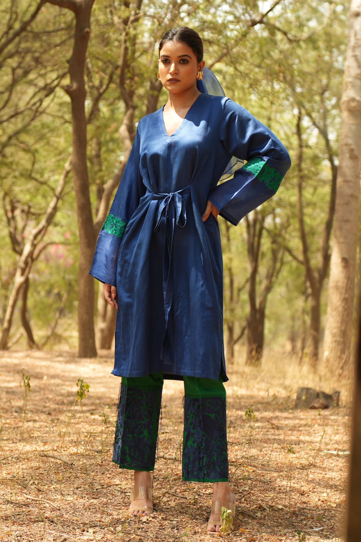 Blue Embroidered Tie up Kurta With Pants