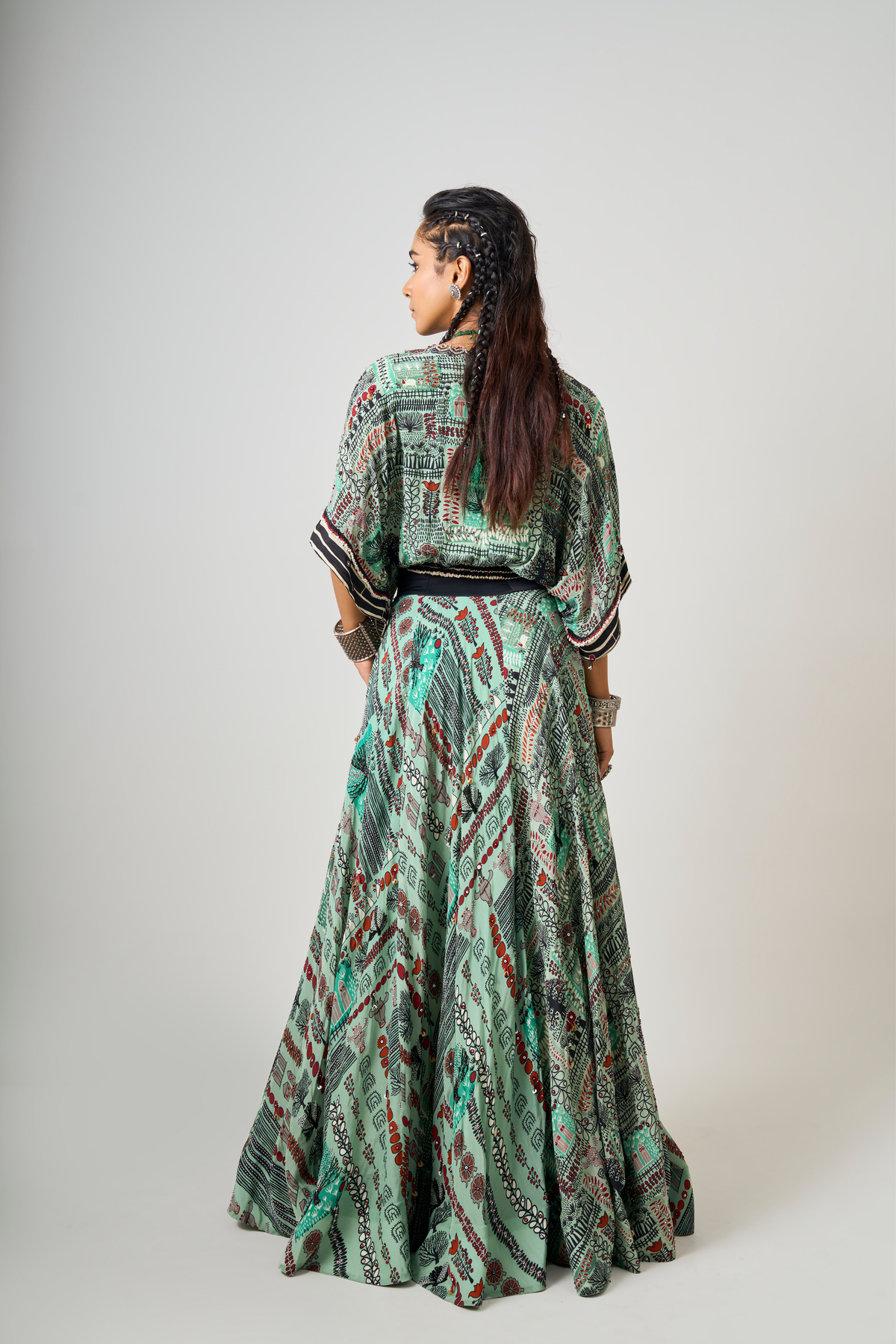 Mint Printed Embroidered Lehenga Set