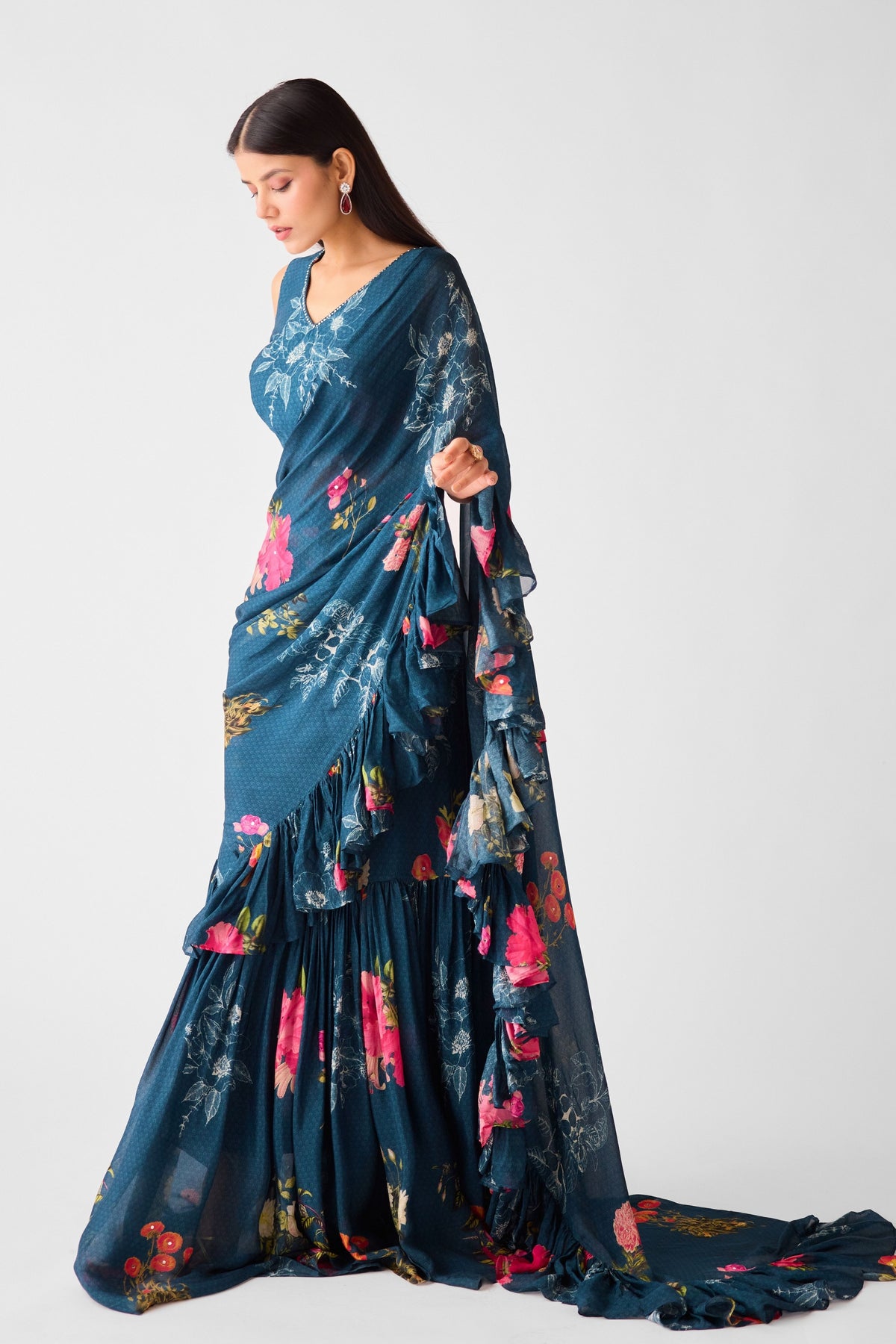 Teal Embroidered Floral Saree Set