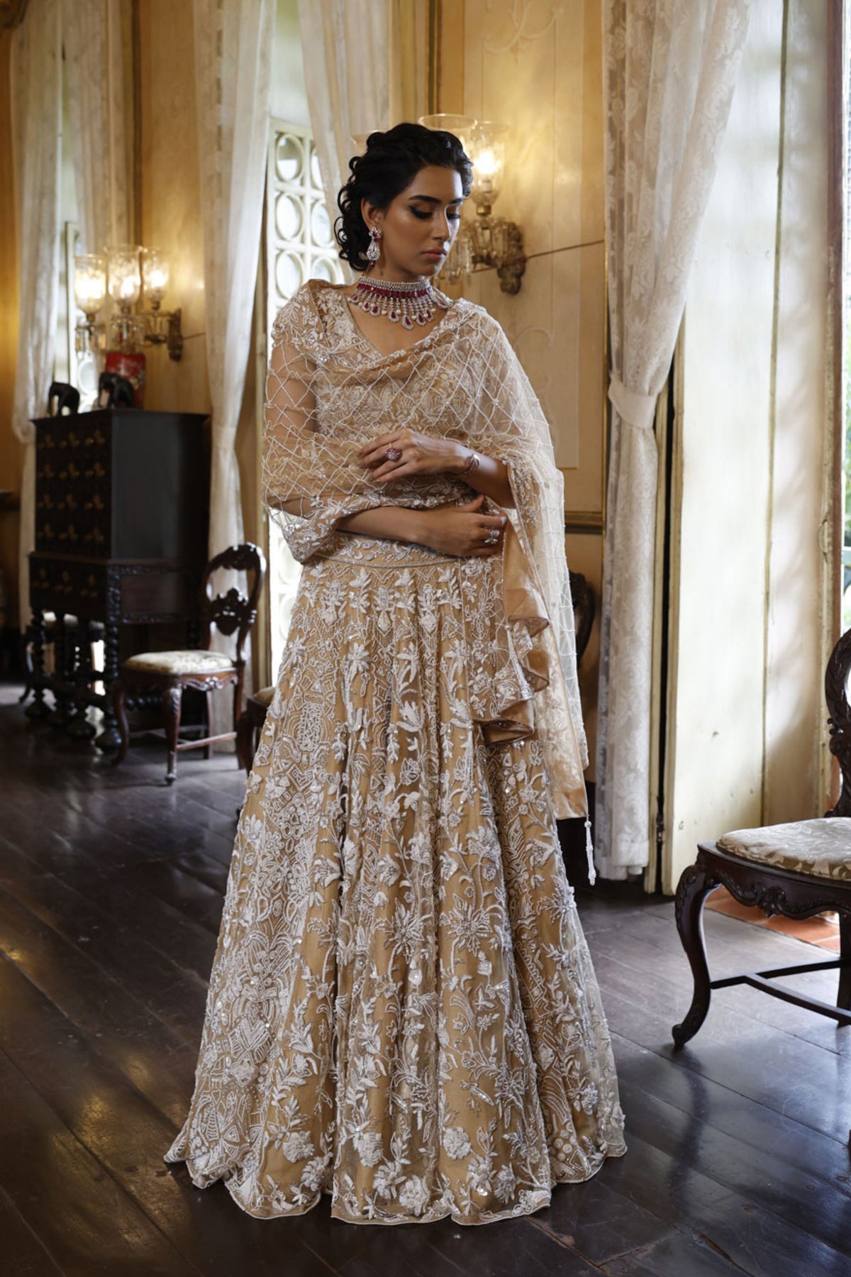 Nude Choli with Lehenga and Dupatta