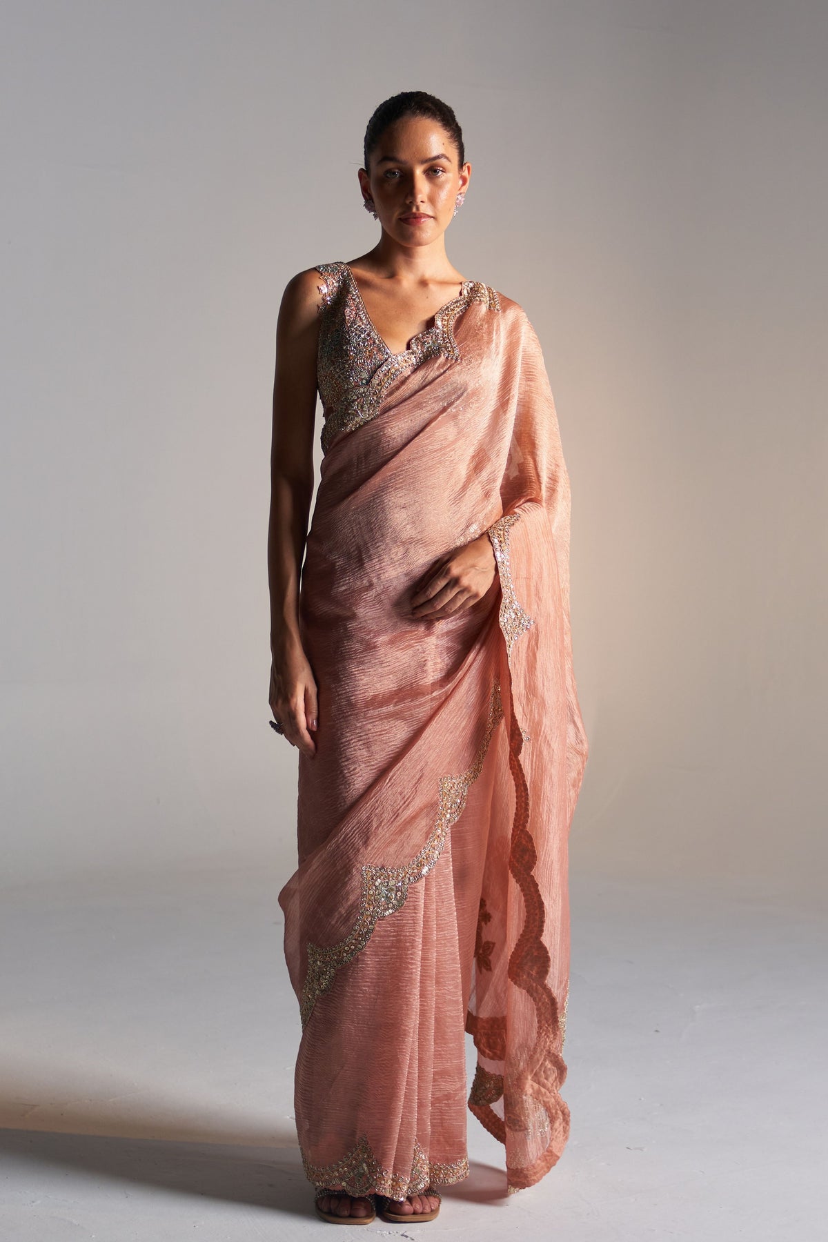 Salmon Peach Tissue Saree Set